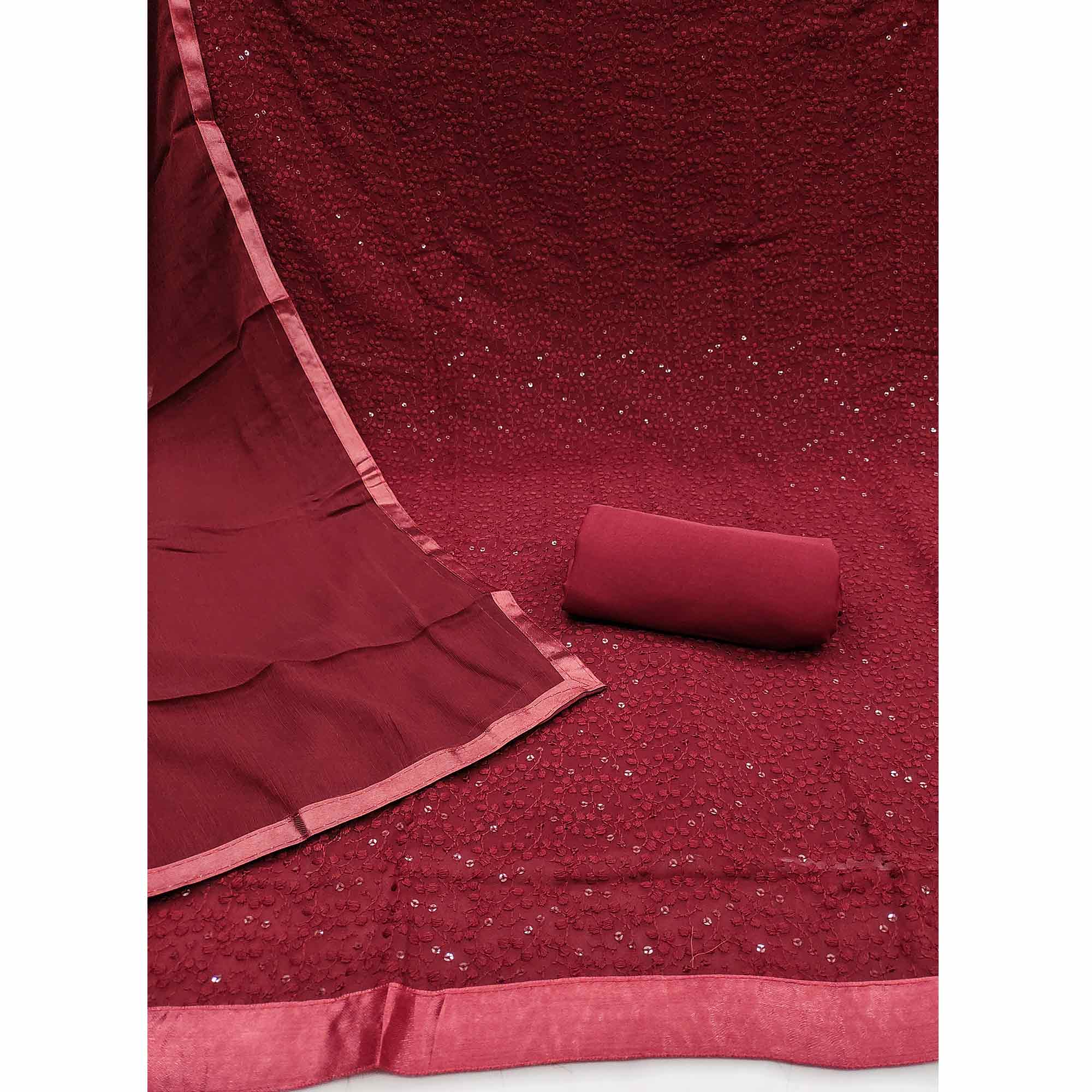 Stylish Maroon Thread Embroidered With Sequins Work Georgette Dress Material For Ethnic Styling - Image 3