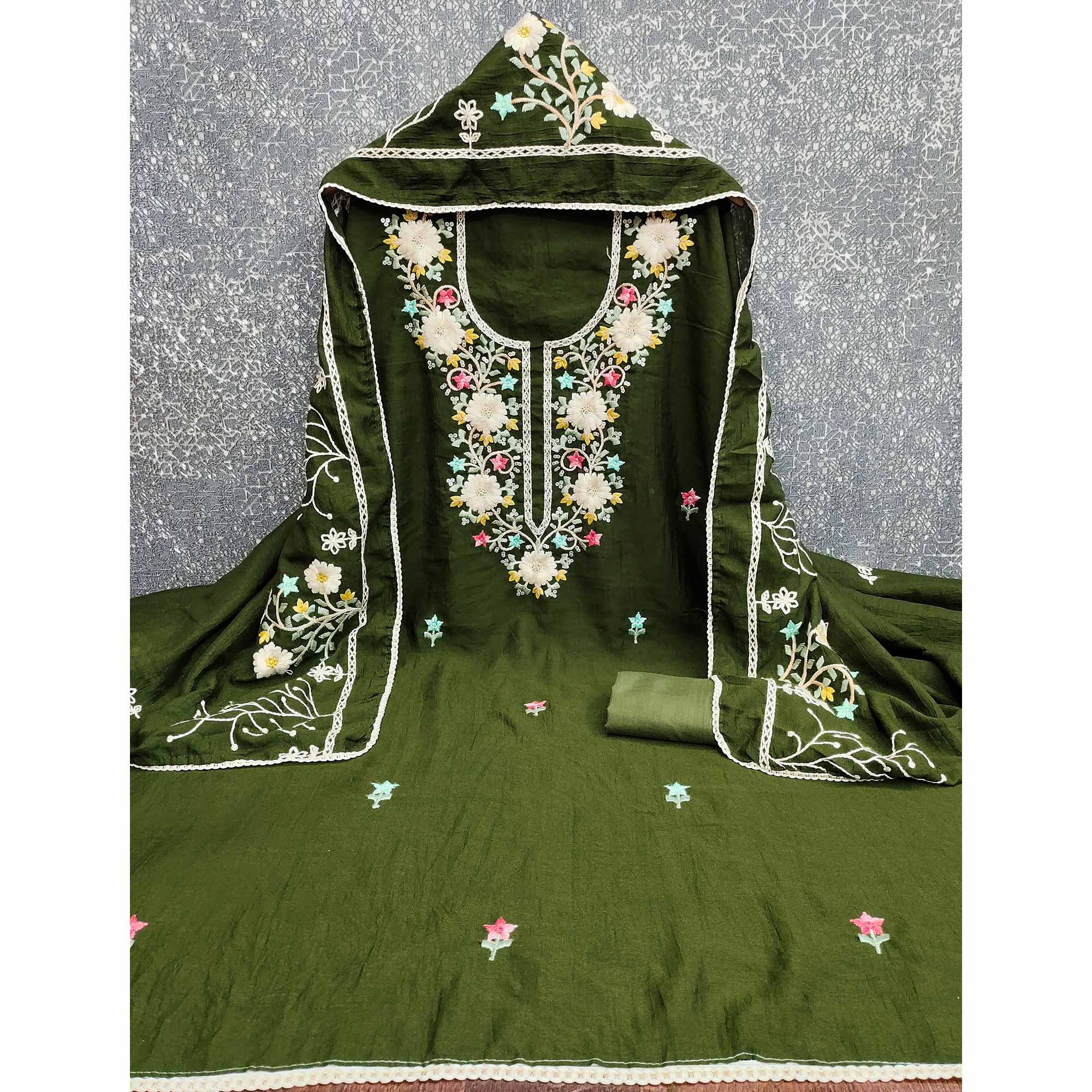 Stylish Mehendi Green Floral Thread & Sequins Detailed Embroidery Vichitra Silk Dress Material - Image 4