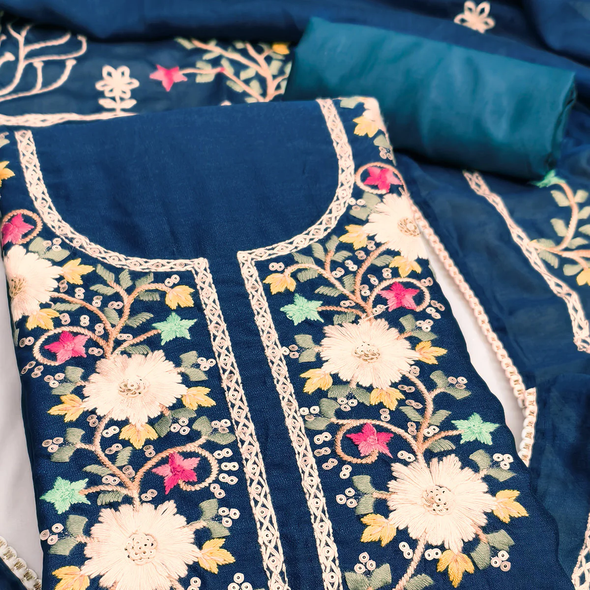 Stylish Morpich Blue Floral Thread & Sequins Detailed Embroidery Vichitra Silk Dress Material - Image 2