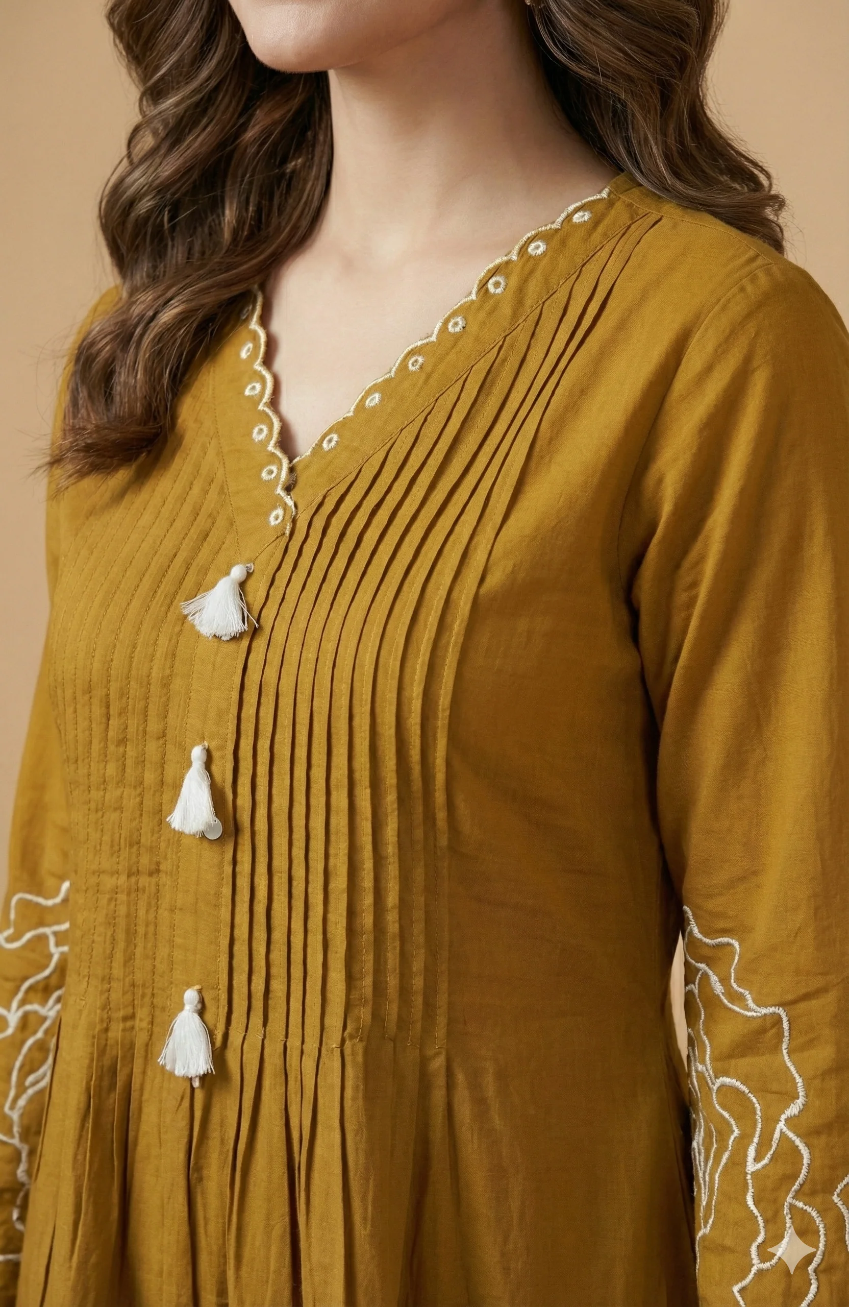 Stylish Mustard Pure Cotton A-Line Top Bottom Set Accented with Graceful Floral Patterns - Image 2