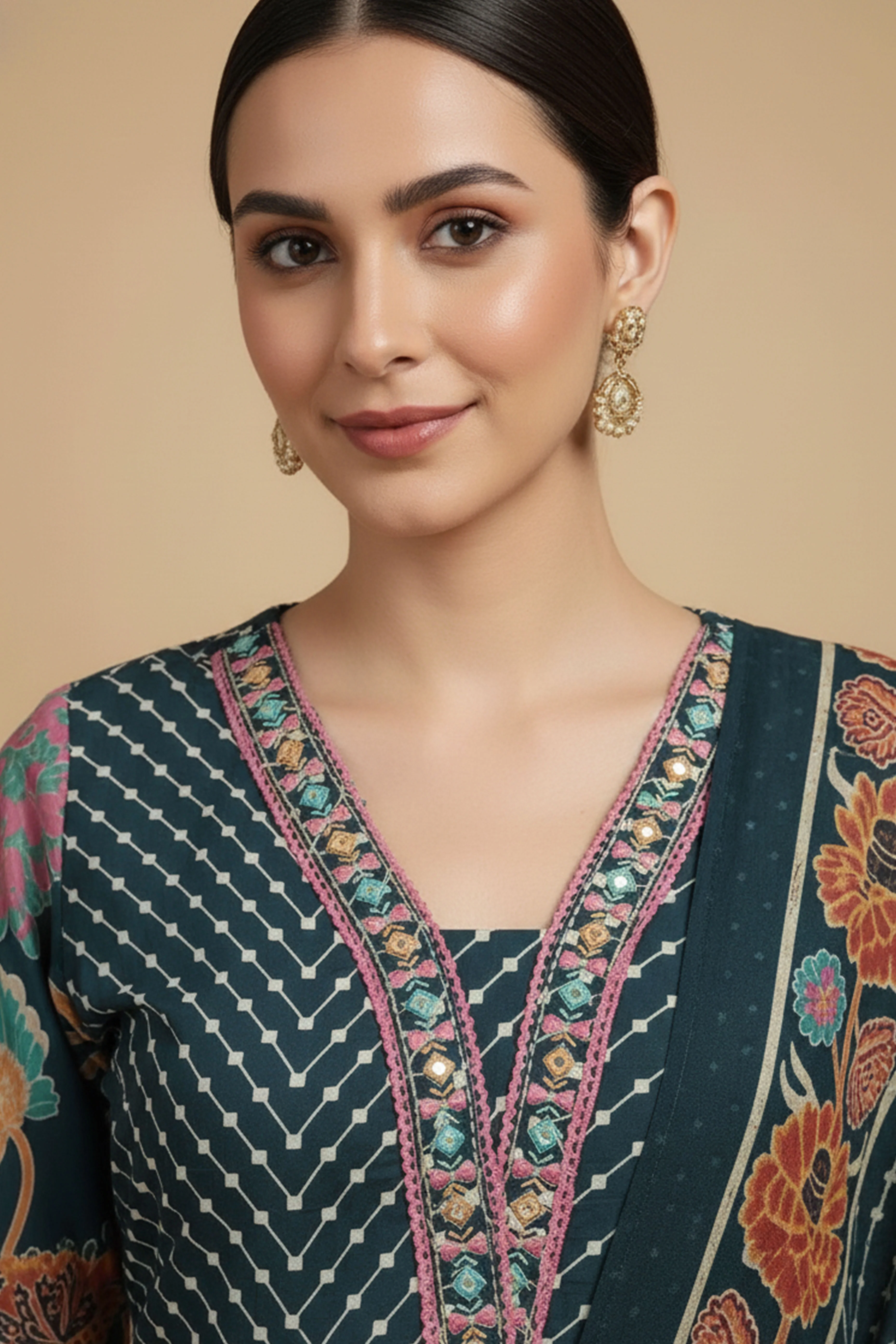 Stylish Navy Blue Pure Cotton Straight Cut Salwar Suit Featuring Floral Print & Neck Embroidery Work - Image 2