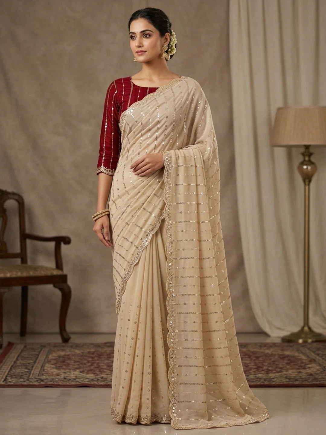 Stylish Offwhite Stripe Pattern Georgette Saree With Shimmering Sequins Embroidery Work