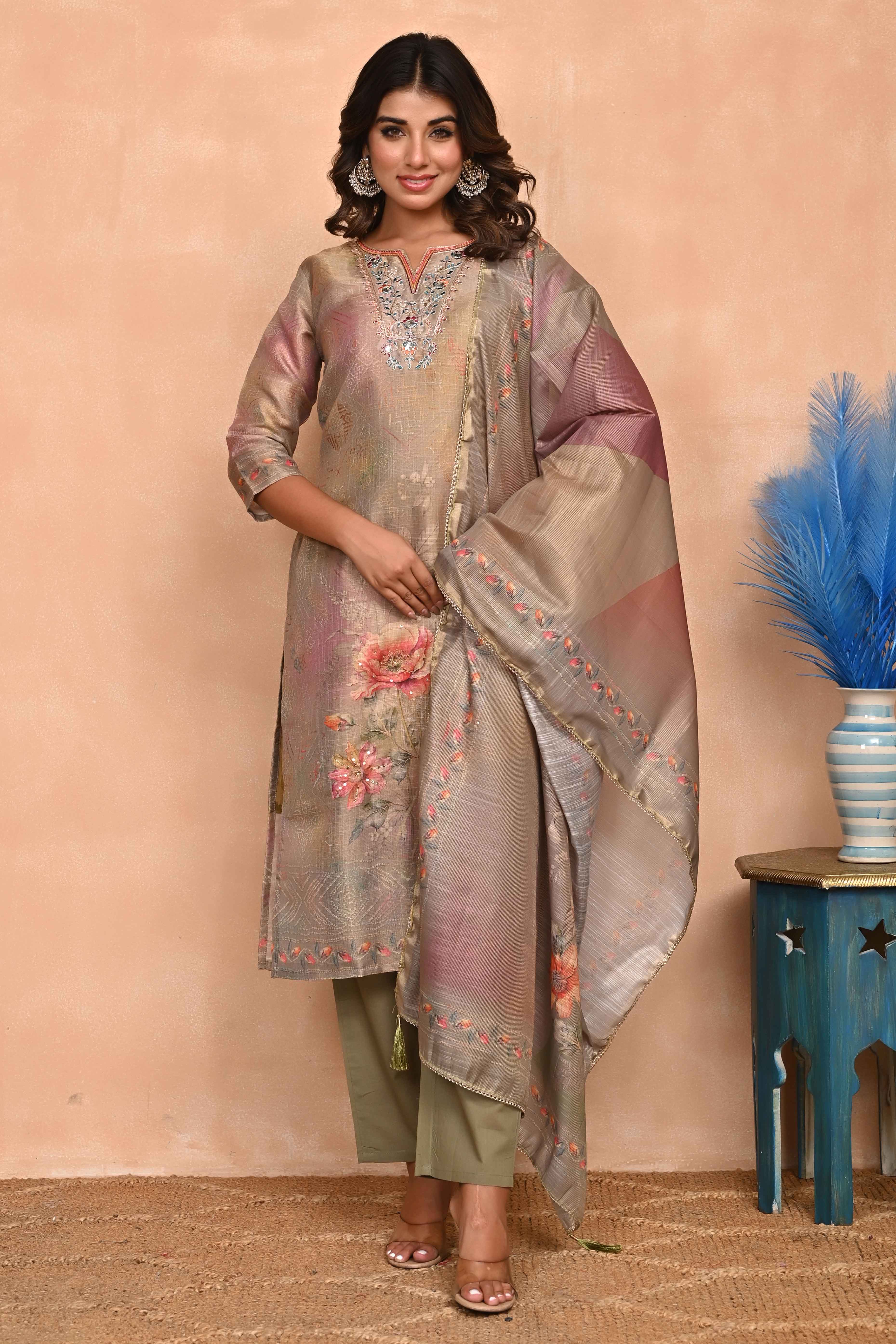 Stylish Olive Straight Cut Suit with Elegant Embroidery on Shimmer Linen - Image 3