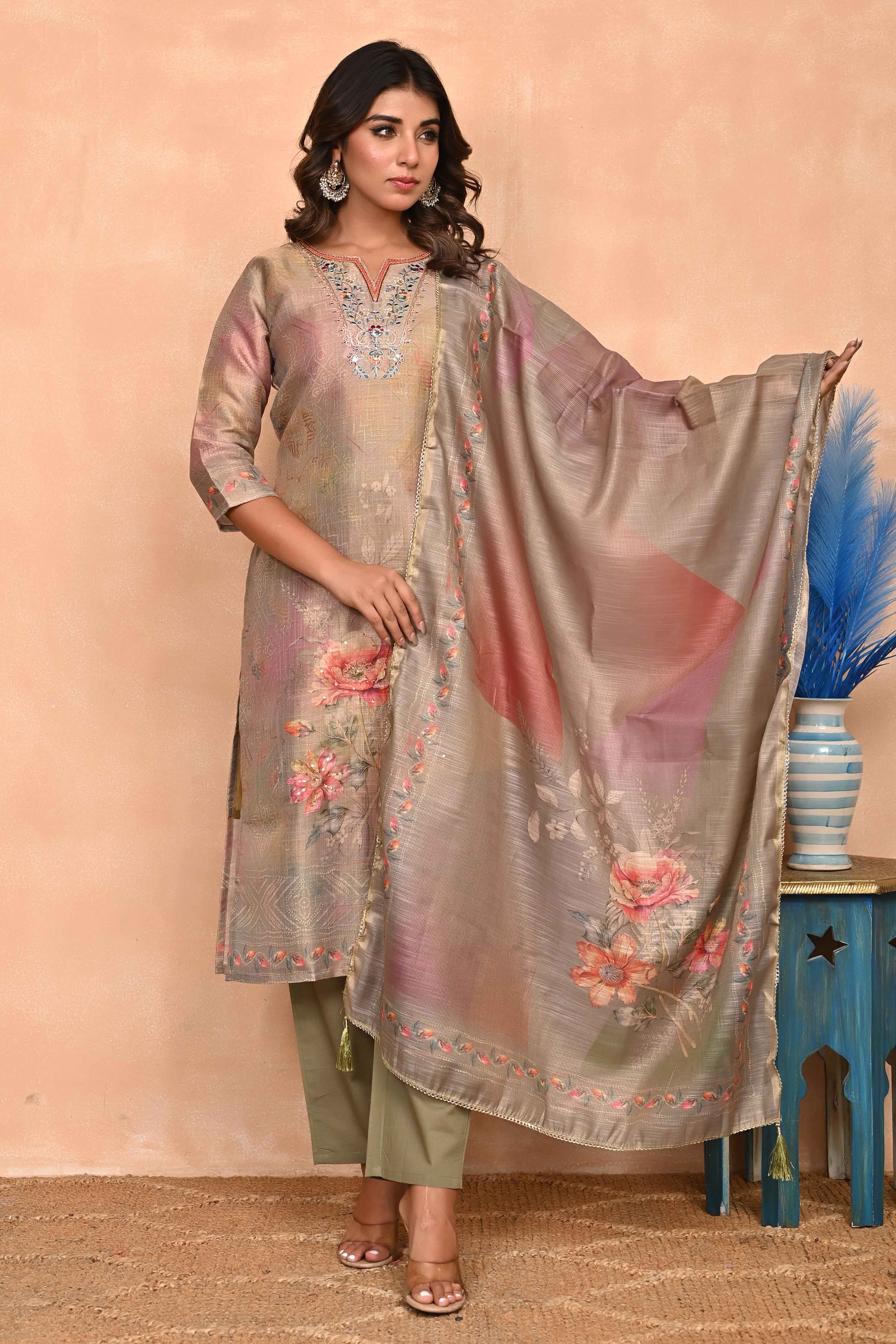 Stylish Olive Straight Cut Suit with Elegant Embroidery on Shimmer Linen - Image 5