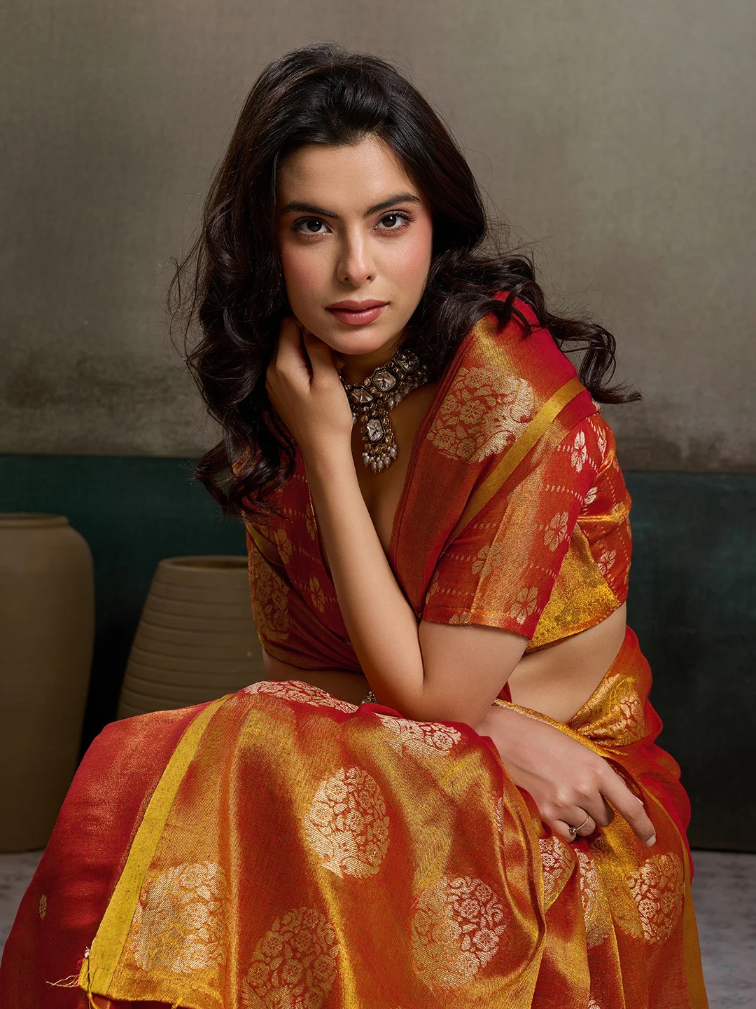 Stylish Orange Tissue Saree with Fine Woven Floral Patterns and Glossy Finish - Image 4