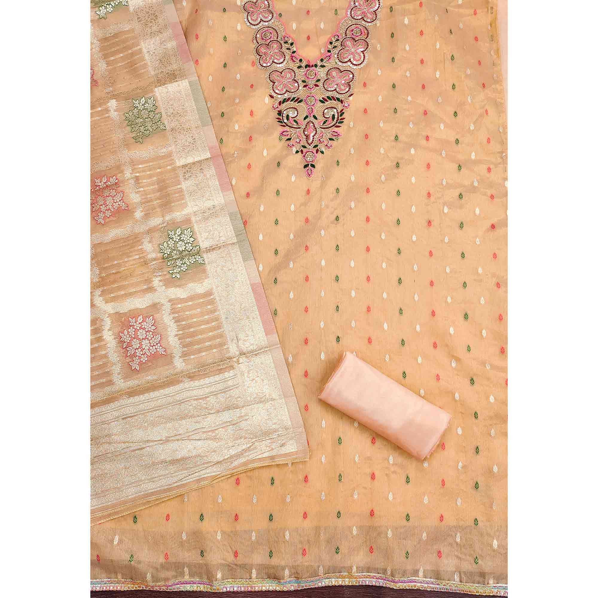Stylish Peach Floral Cording Embroidered Shimmer Dress Material Enhanced With Butti Weaving Work - Image 4