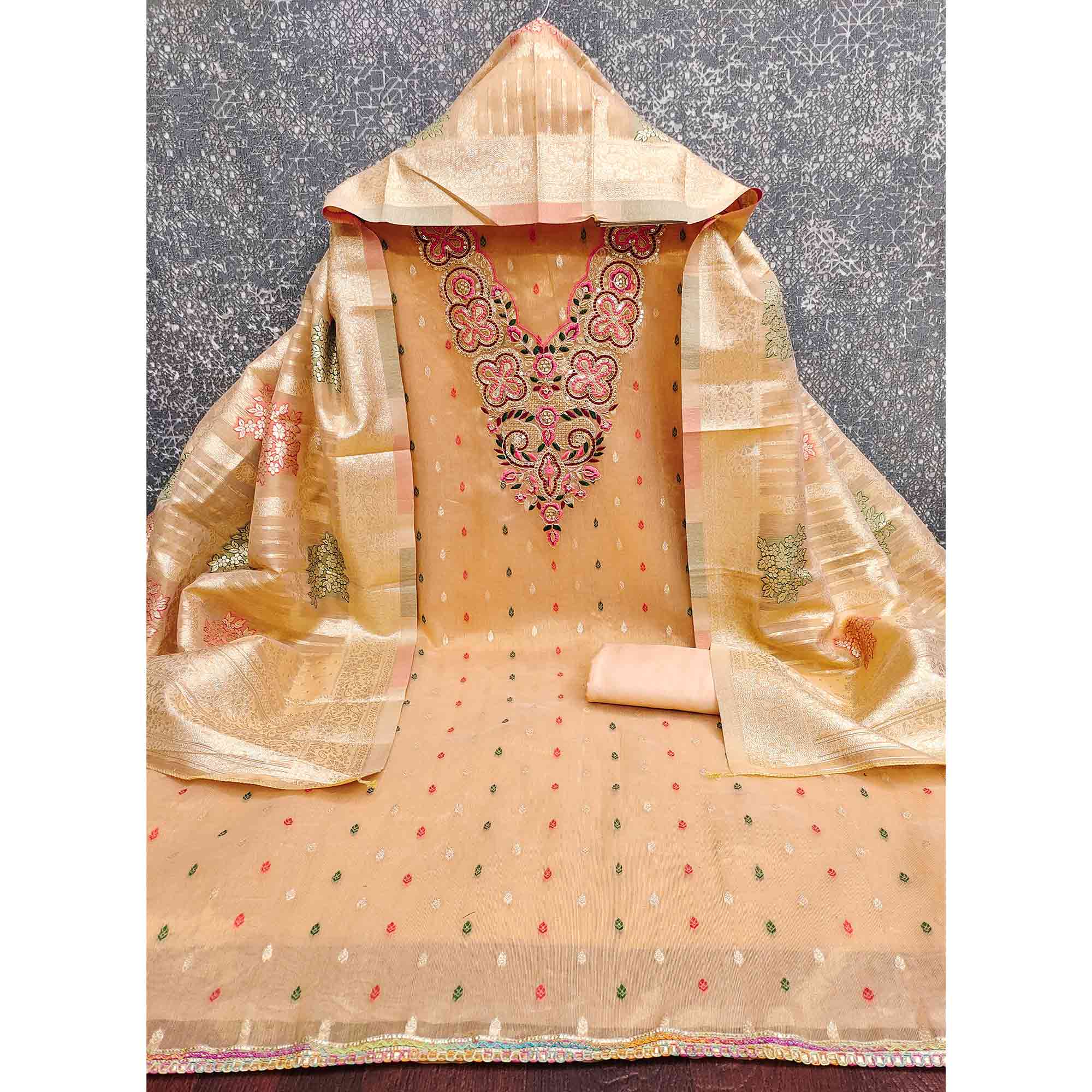 Stylish Peach Floral Cording Embroidered Shimmer Dress Material Enhanced With Butti Weaving Work - Image 5