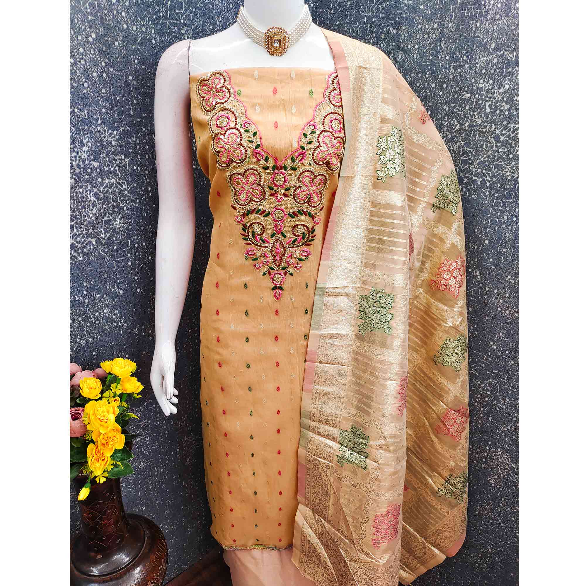 Stylish Peach Floral Cording Embroidered Shimmer Dress Material Enhanced With Butti Weaving Work - Image 7