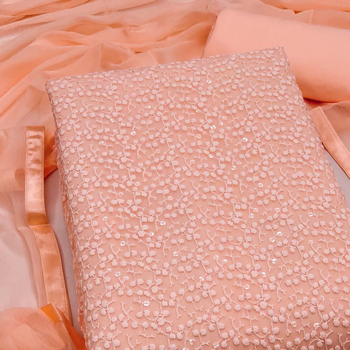 Stylish Peach Thread Embroidered With Sequins Work Georgette Dress Material For Ethnic Styling - Image 2