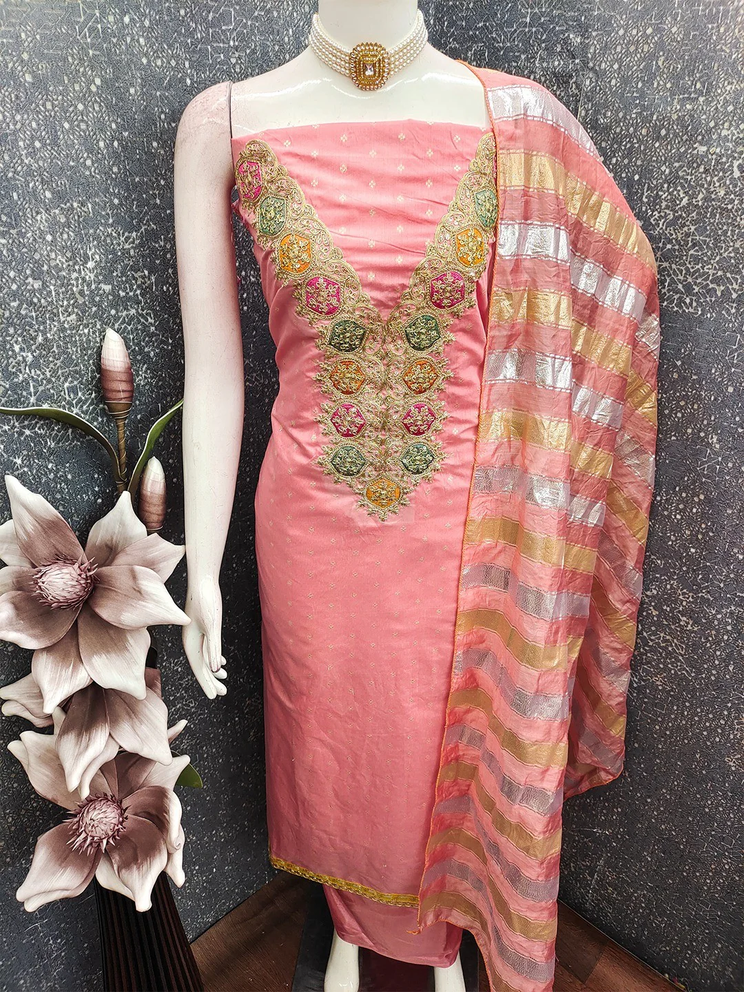 Stylish Pink Butti Woven Chanderi Silk Dress Material With Sequins & Cording Embroidered Work - Image 2