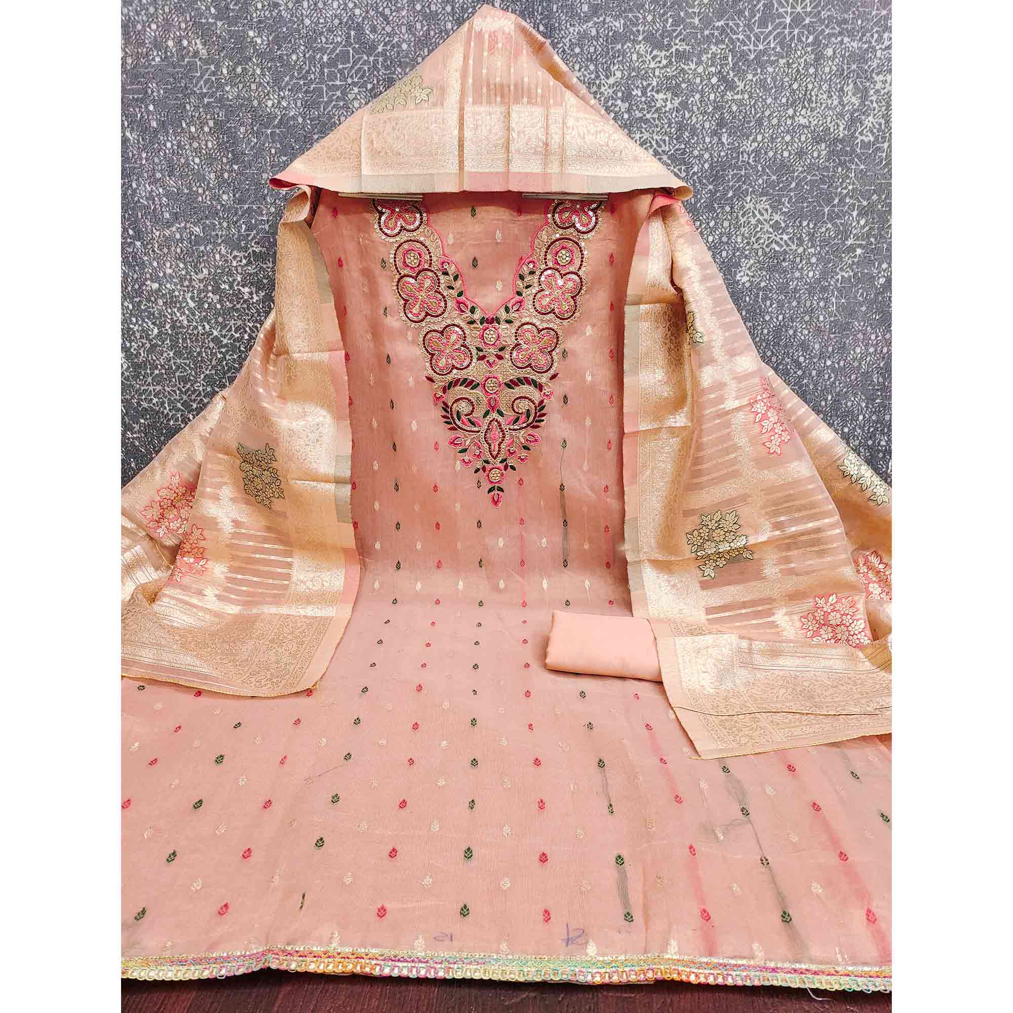Stylish Pink Floral Cording Embroidered Shimmer Dress Material Enhanced With Butti Weaving Work - Image 5