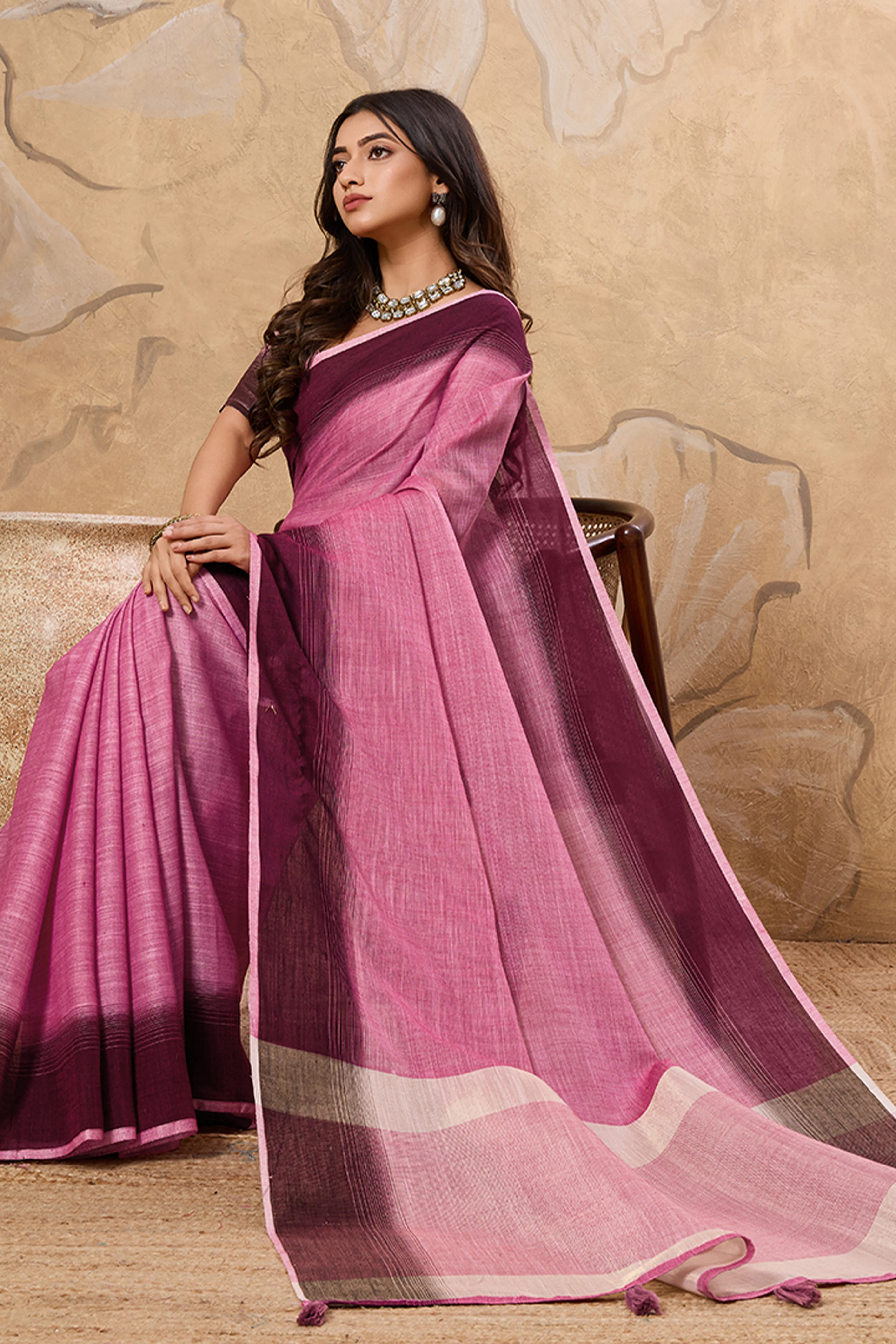 Stylish Pink Linen Saree With Zari Weaving Work & Tassel Pallu Charm - Image 4