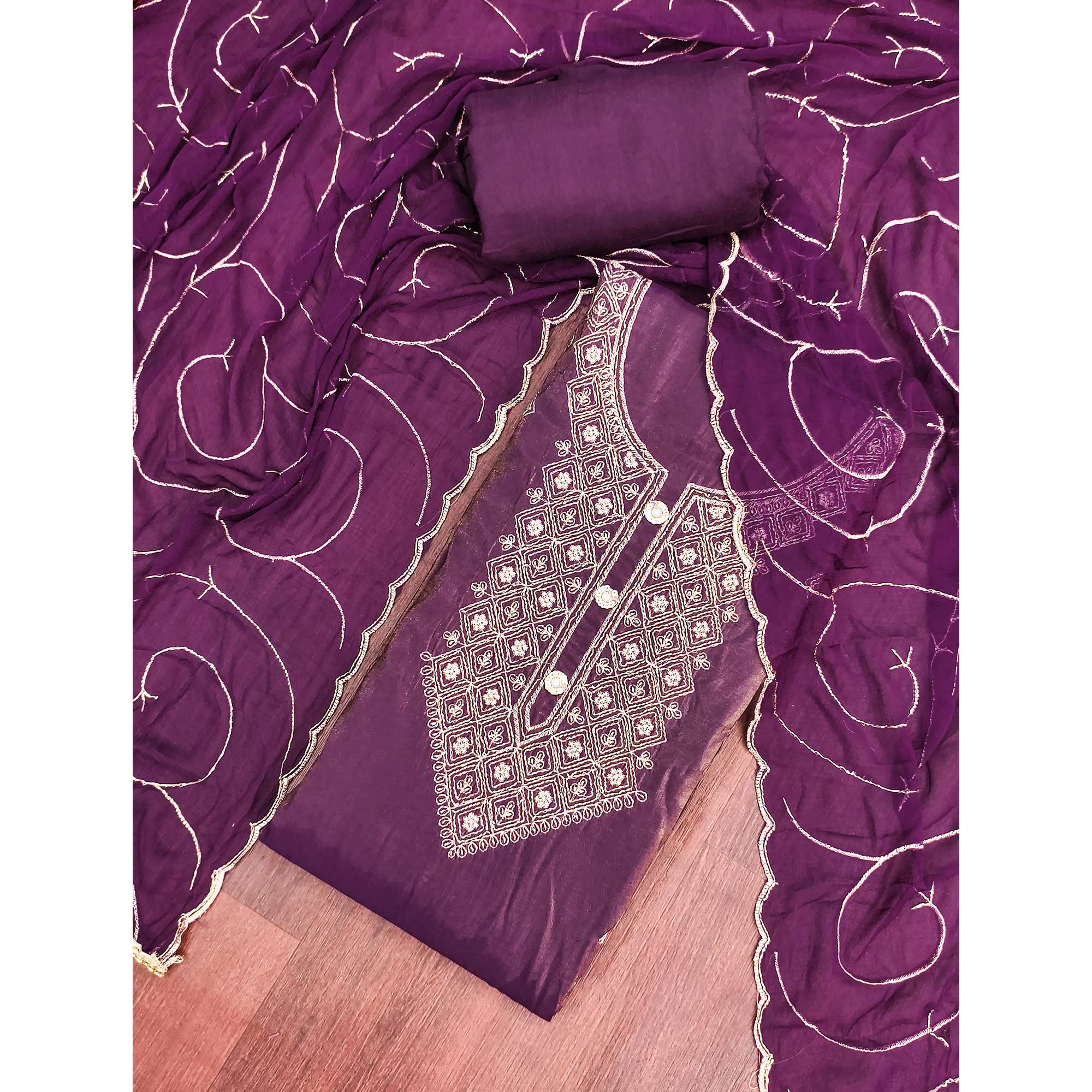 Stylish Purple Floral Embroidered Viscose Dress Material Showcasing Elegant Cutdana Handwork - Image 3