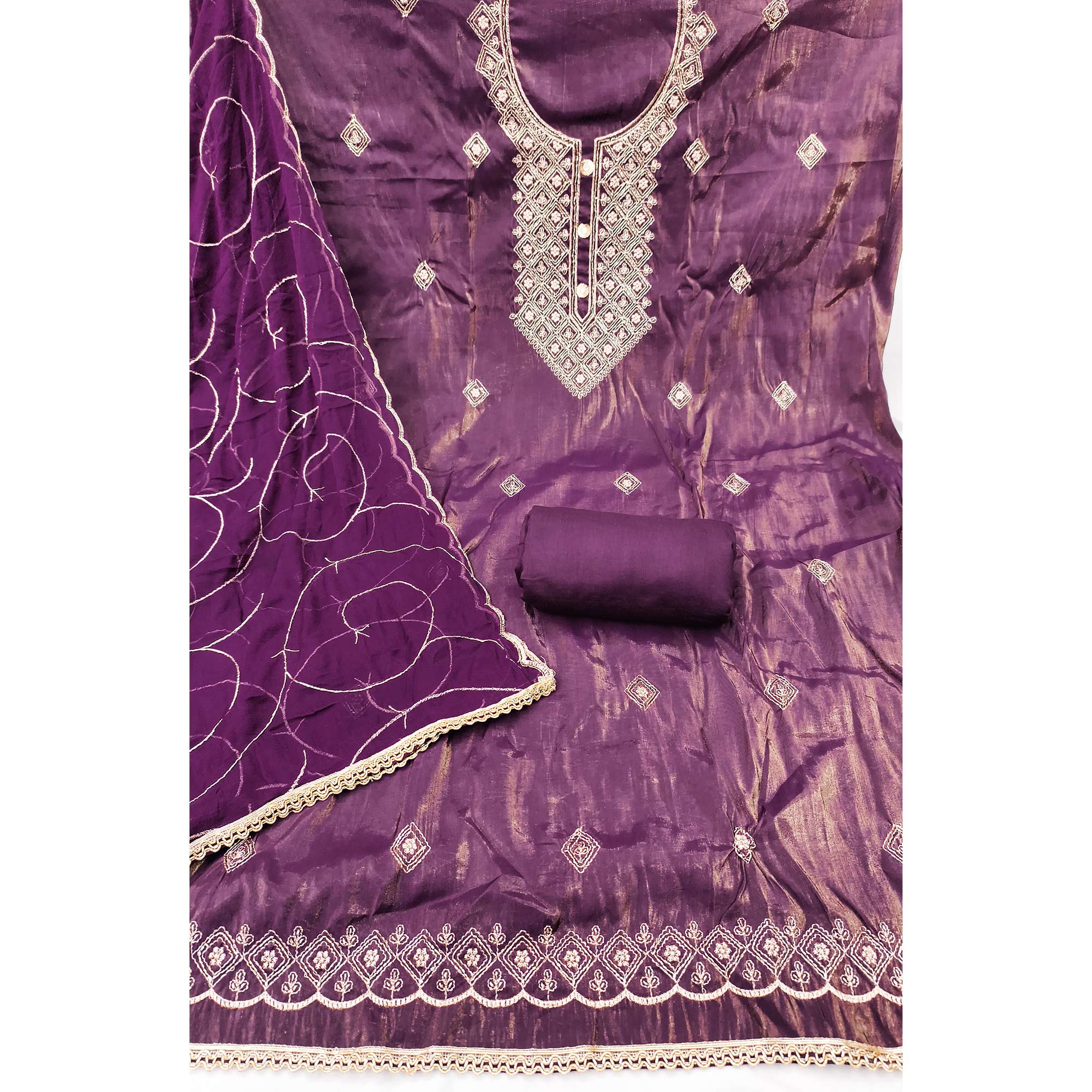 Stylish Purple Floral Embroidered Viscose Dress Material Showcasing Elegant Cutdana Handwork - Image 4