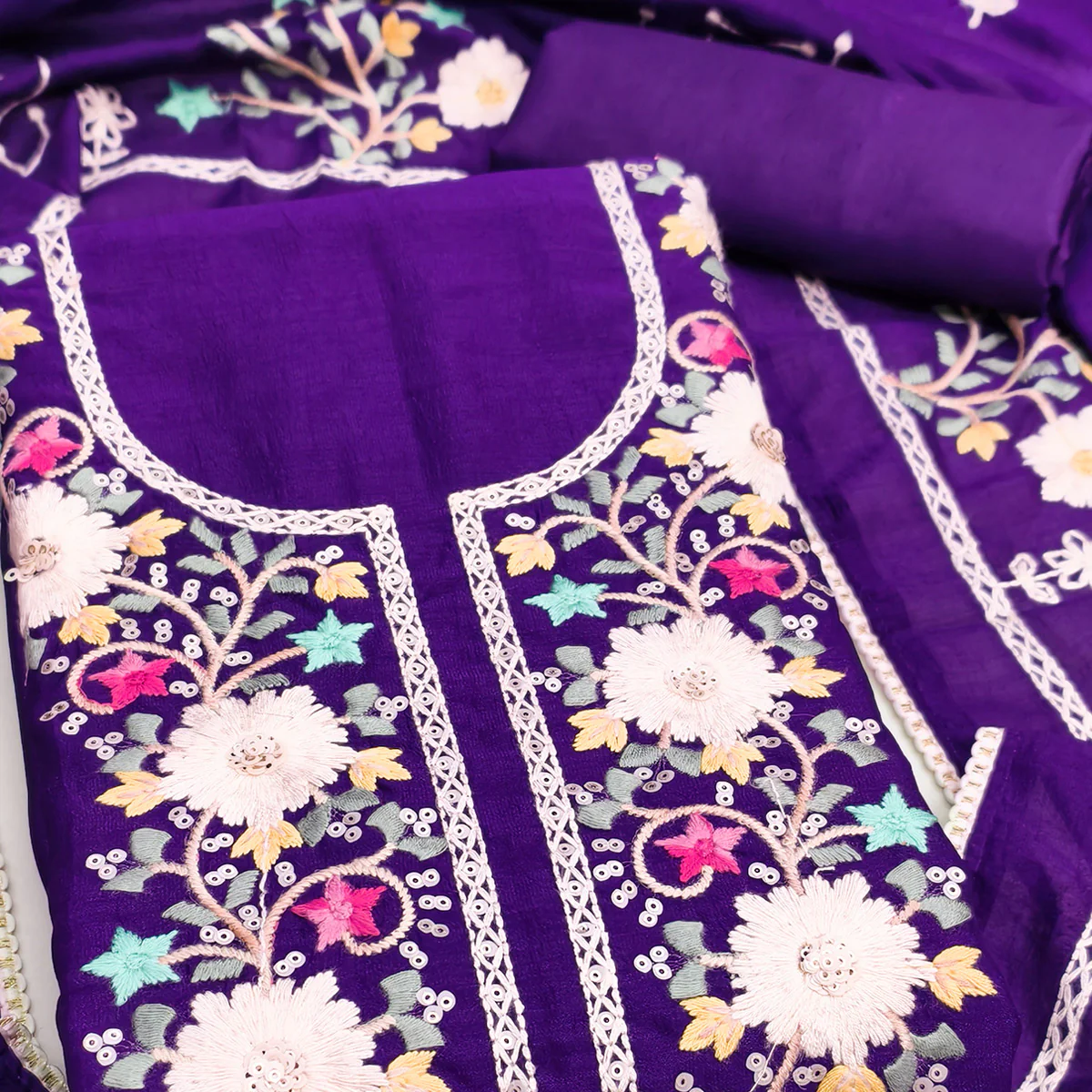 Stylish Purple Floral Thread & Sequins Detailed Embroidery Vichitra Silk Dress Material - Image 2