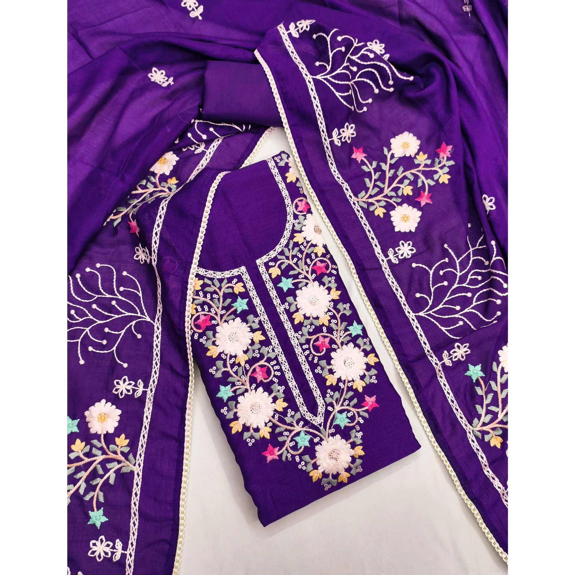 Stylish Purple Floral Thread & Sequins Detailed Embroidery Vichitra Silk Dress Material - Image 3