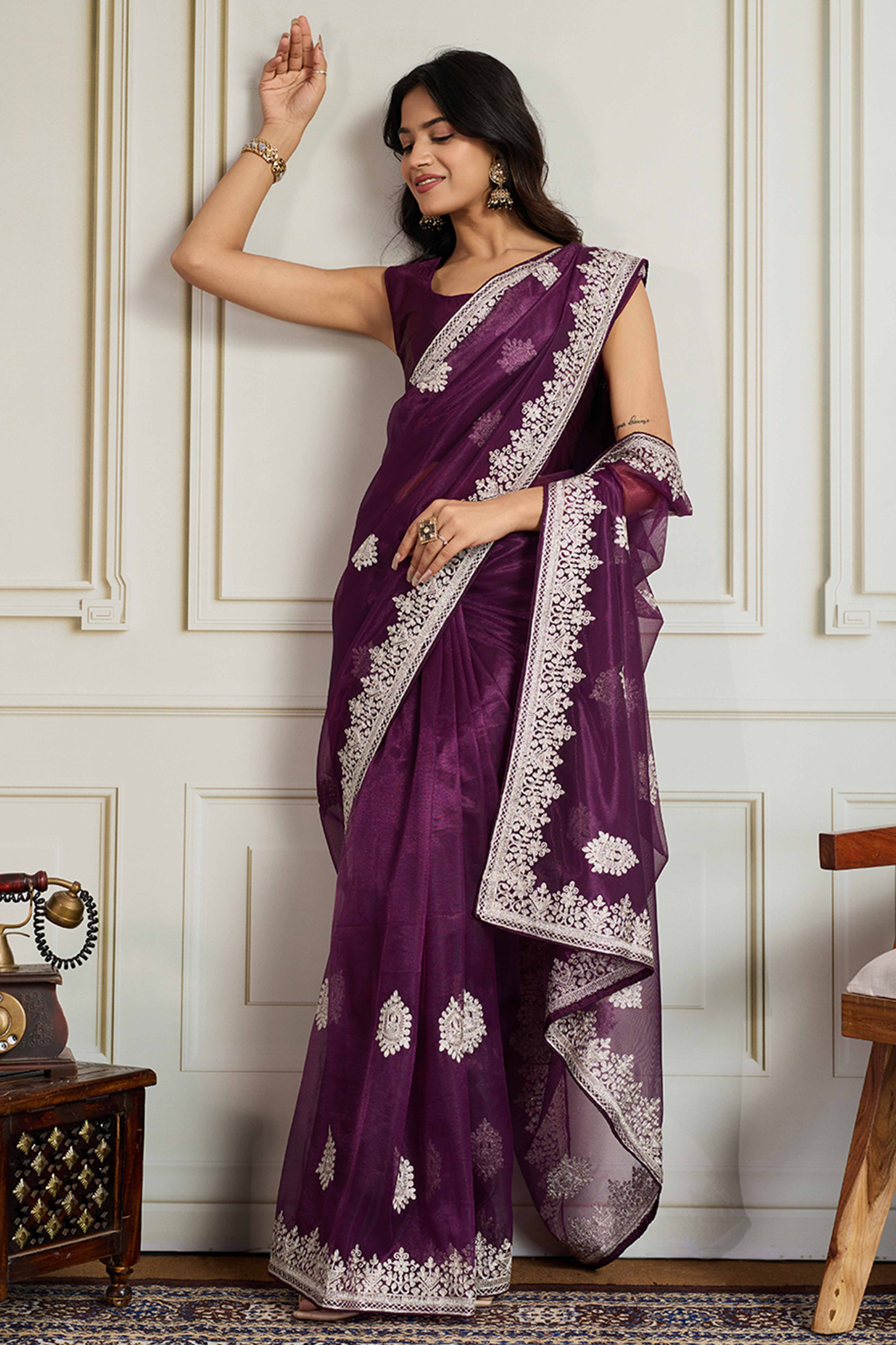 Stylish Purple Twill Net Saree Crafted With Floral Cording & Sequins Embroidery Work - Image 4