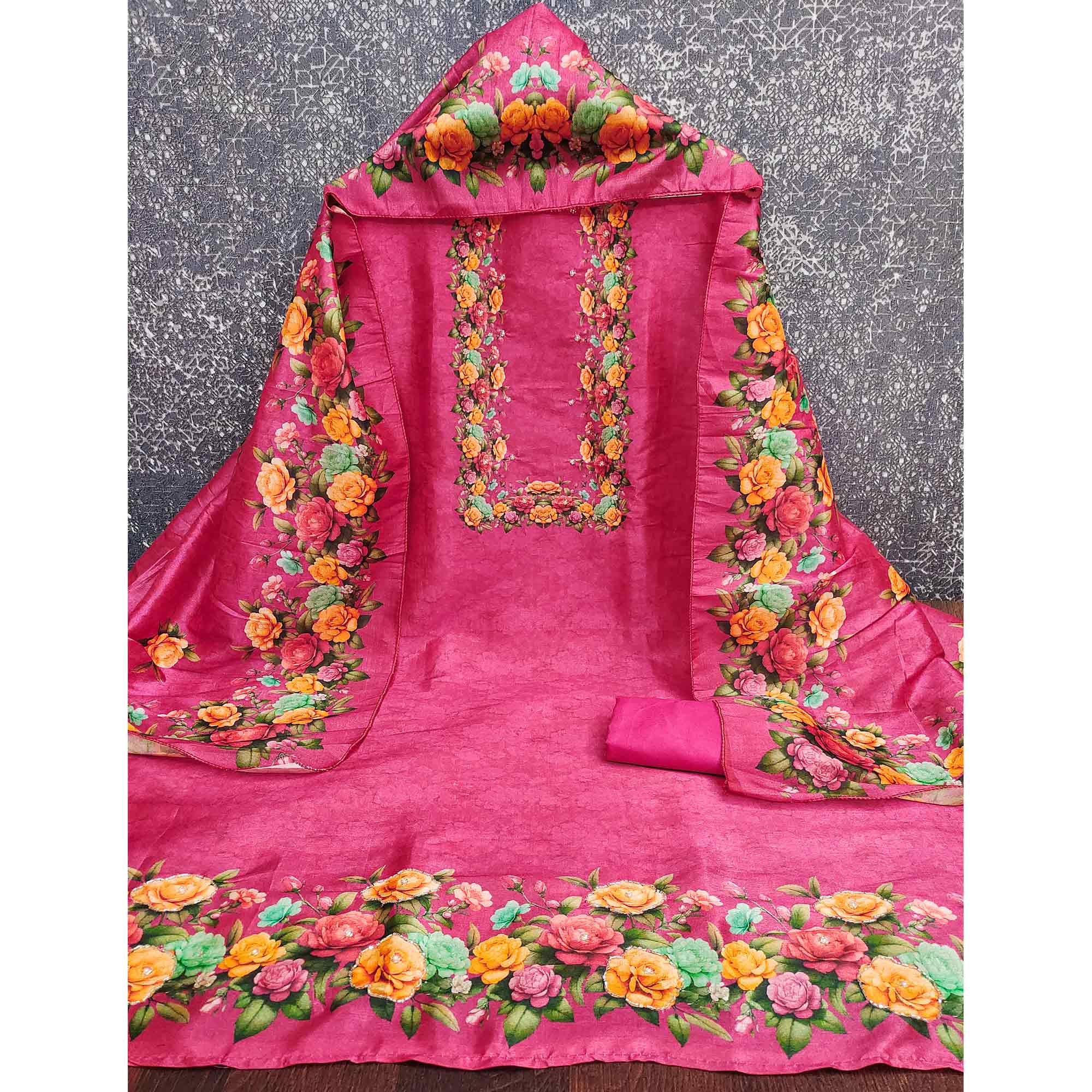 Stylish Rani Pink Assam Art Silk Dress Material Accented With Floral Digital Print & Khatli Work - Image 3