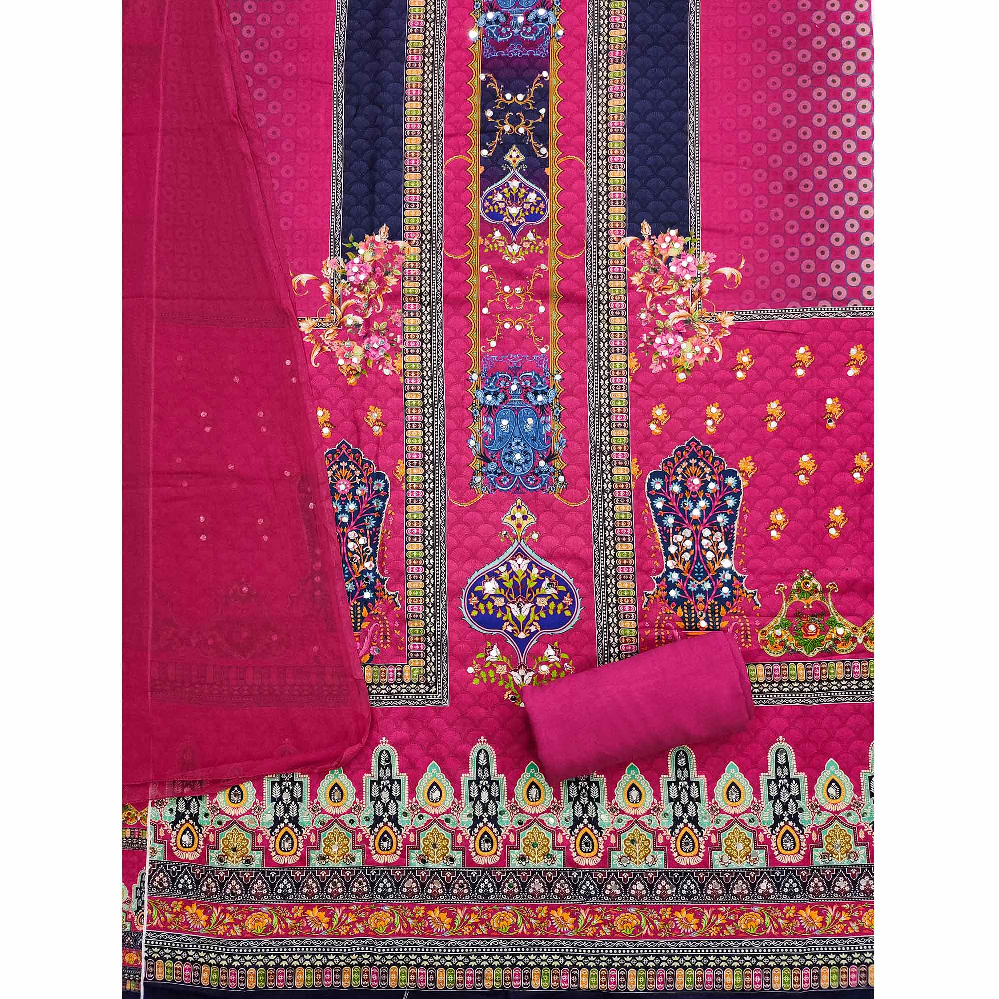 Stylish Rani Pink Floral Digital Printed Rayon Dress Material Adorned With Mirror Embellishments - Image 3