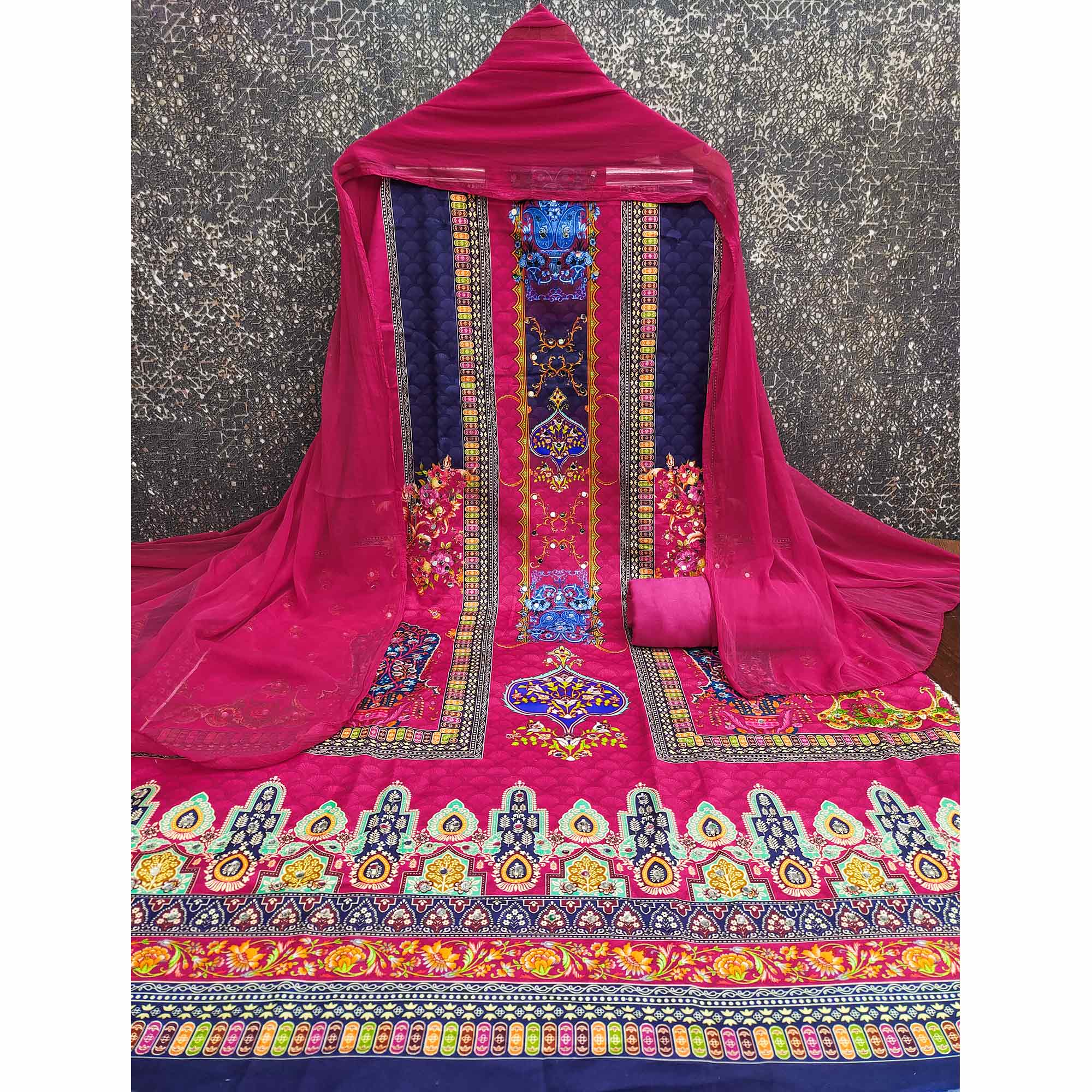 Stylish Rani Pink Floral Digital Printed Rayon Dress Material Adorned With Mirror Embellishments - Image 4