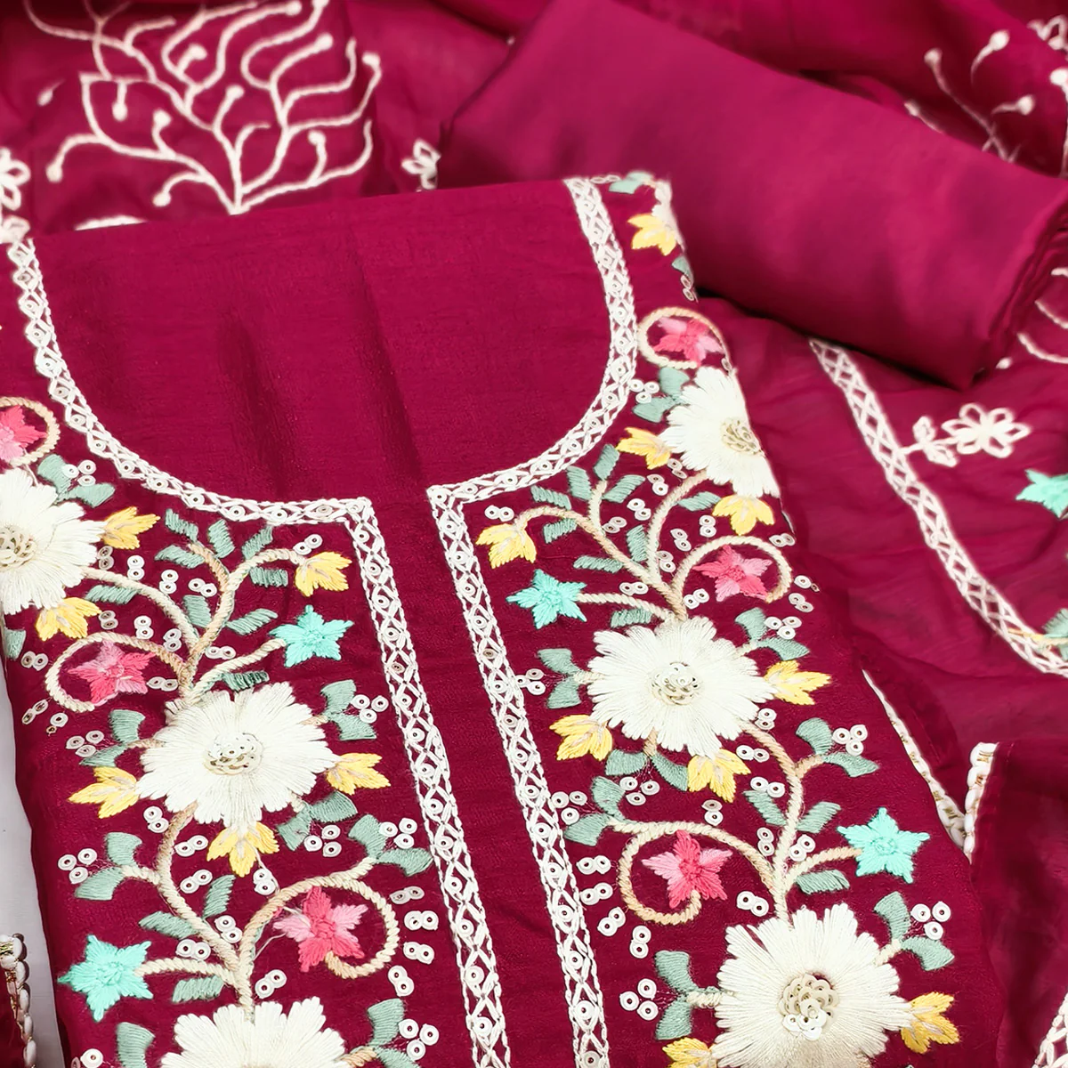 Stylish Rani Pink Floral Thread & Sequins Detailed Embroidery Vichitra Silk Dress Material - Image 2