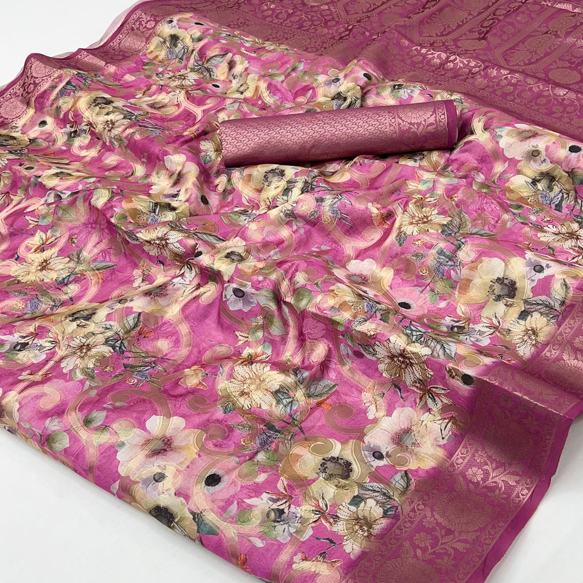 Stylish Rani Pink Floral Woven & Digital Printed Silk Blend Saree With Tassel Pallu - Image 2