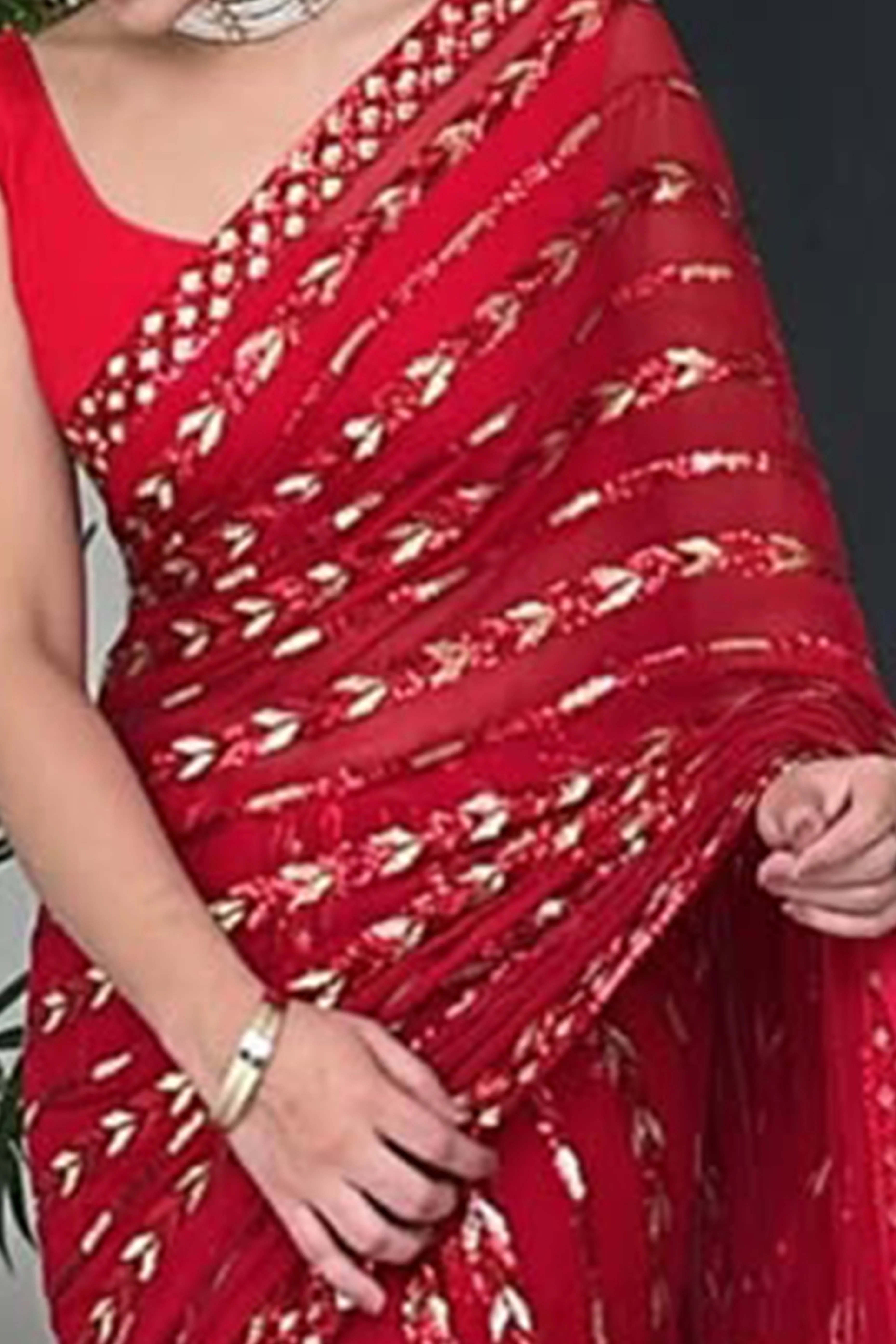 Stylish Red Striped Georgette Saree Featuring All-Over Sequin Embroidery - Image 2