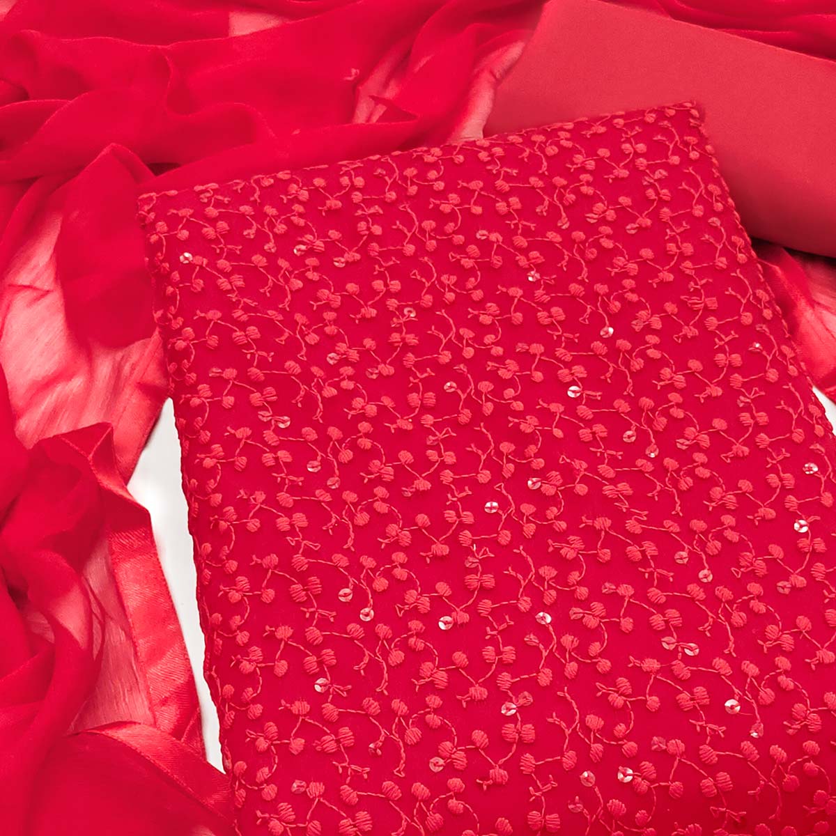 Stylish Red Thread Embroidered With Sequins Work Georgette Dress Material For Ethnic Styling - Image 2