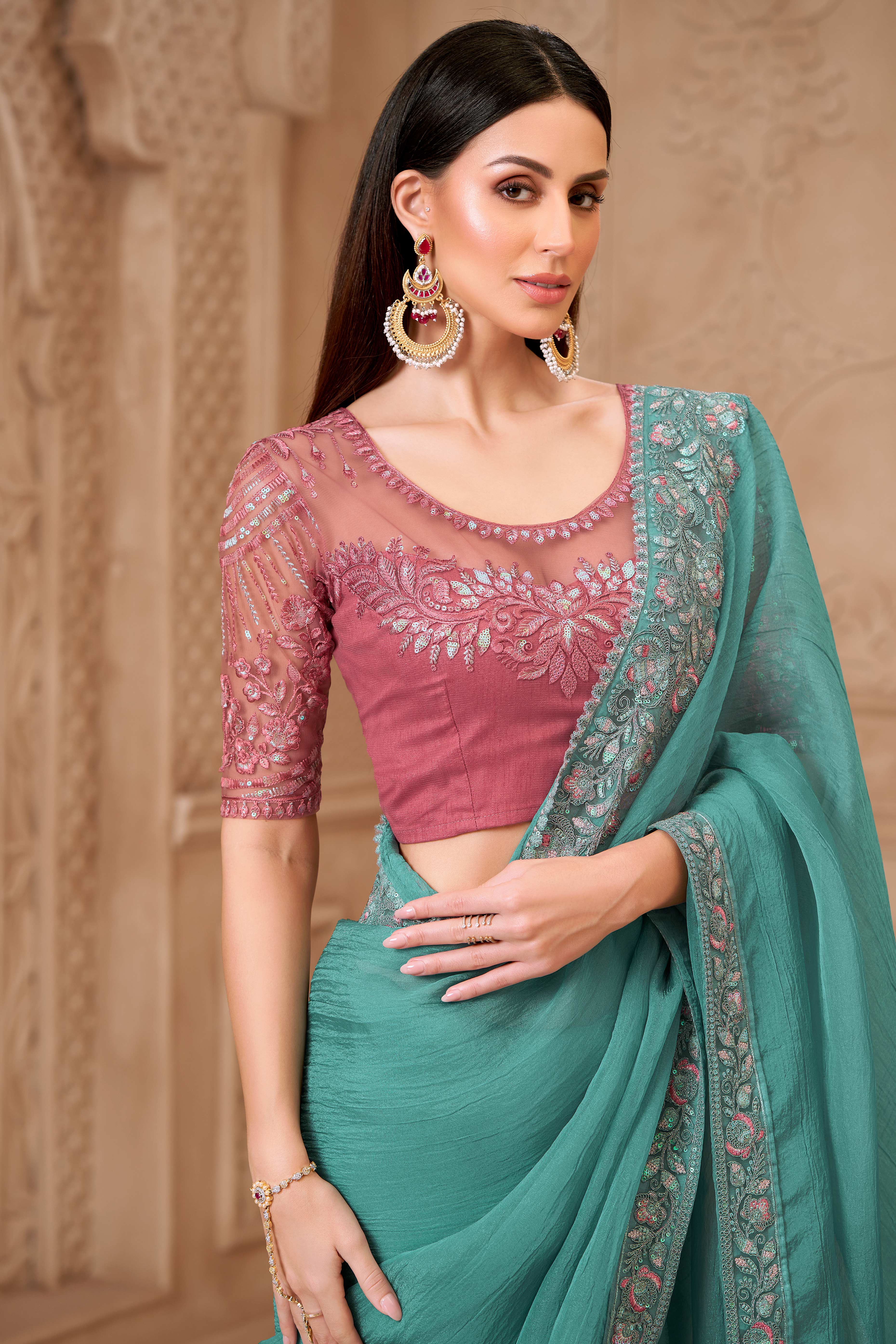 Stylish Sea Green Chiffon Saree Crafted with Sequin Detailing and Thread Embroidery - Image 3
