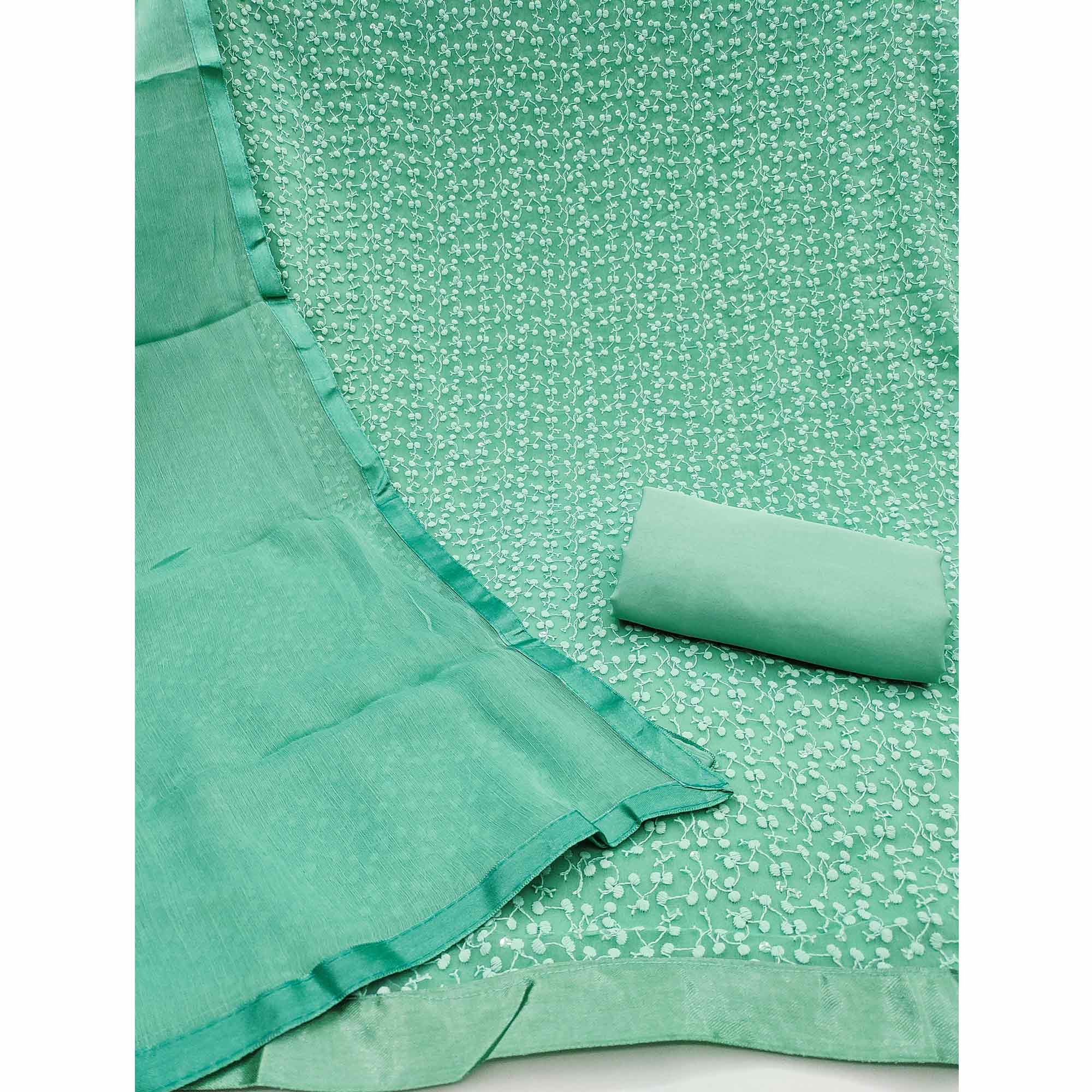 Stylish Sea Green Thread Embroidered With Sequins Work Georgette Dress Material For Ethnic Styling - Image 3