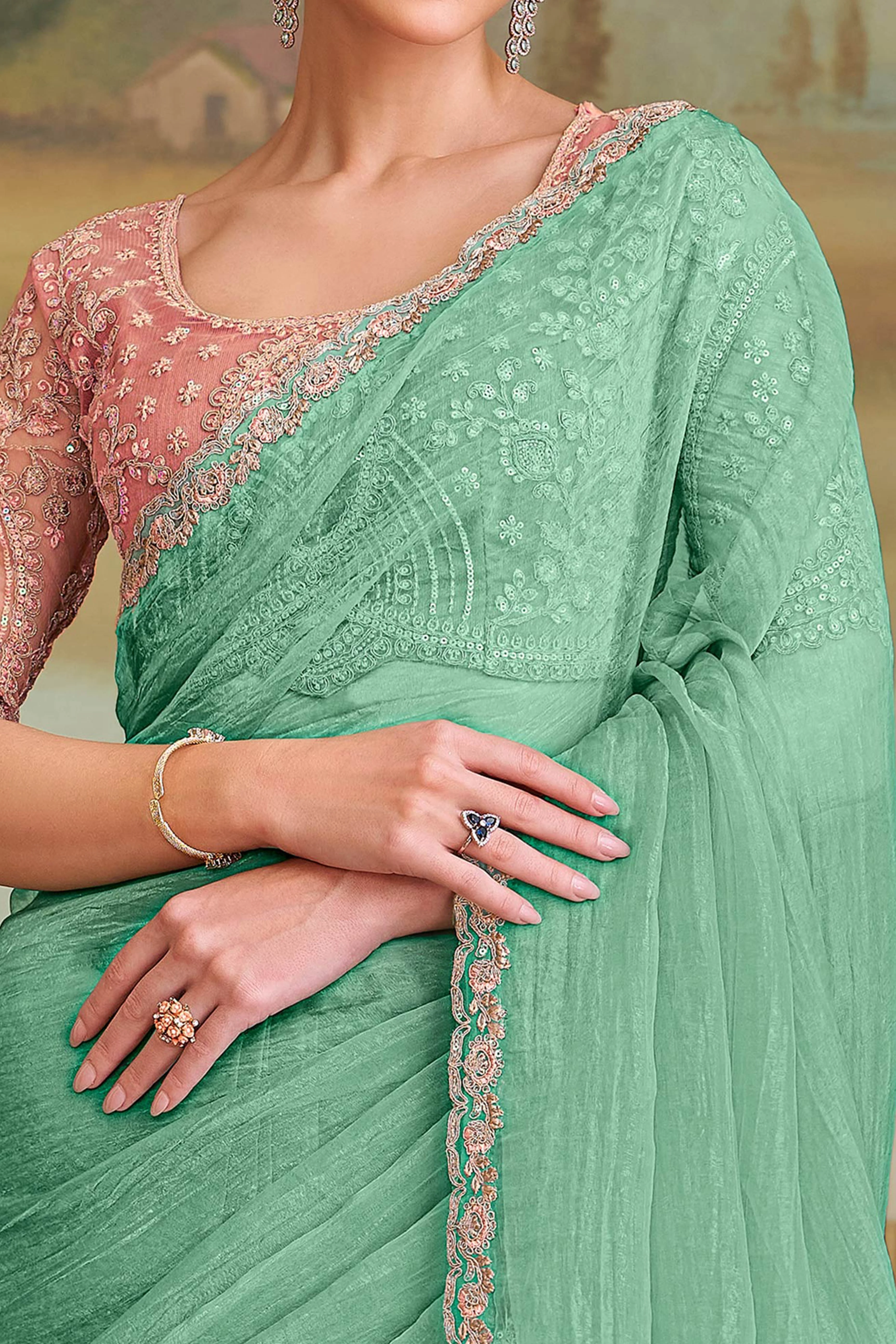 Stylish Sea Green Tissue Crush Georgette Saree Featuring Floral Sequins Embroidered Lace Border - Image 2