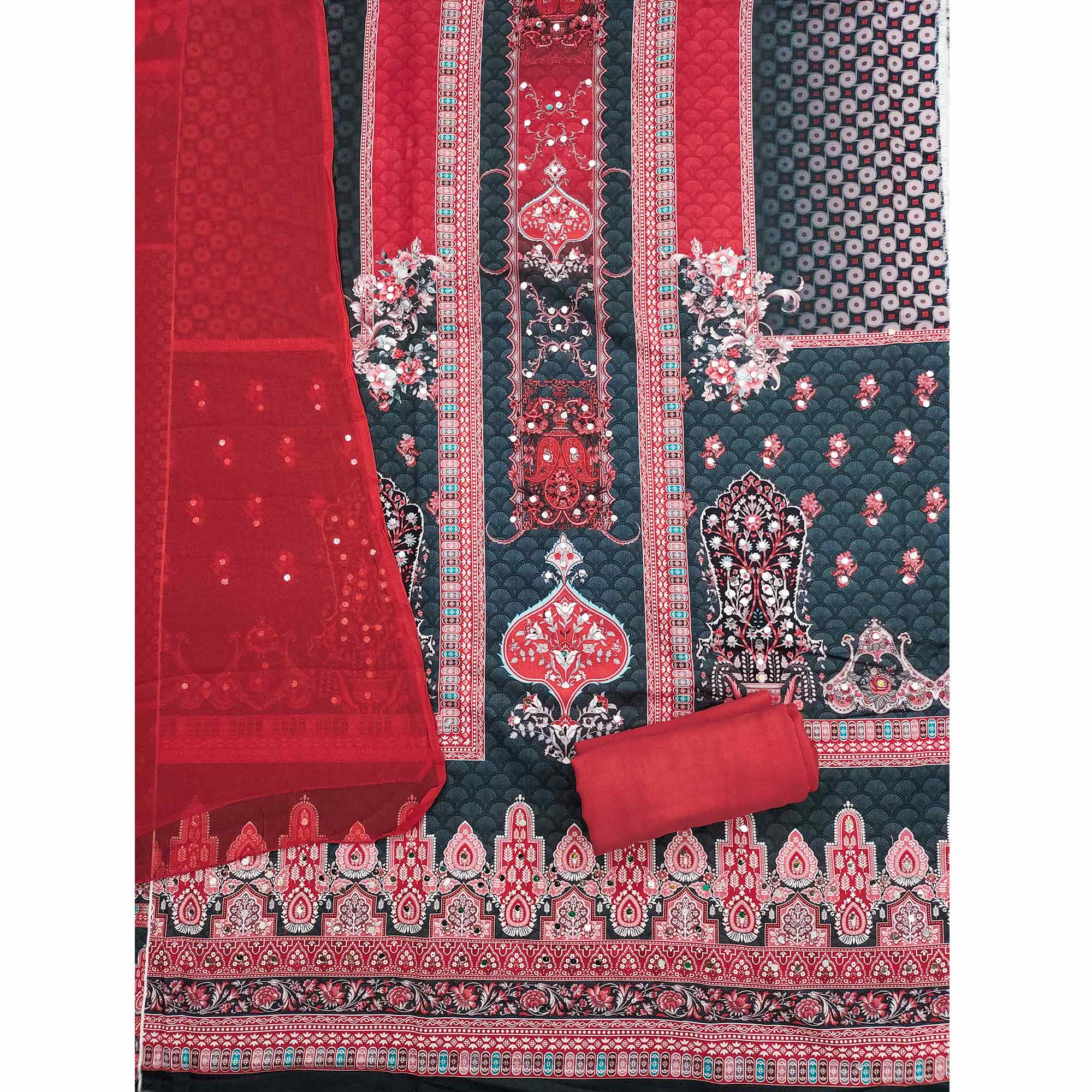 Stylish Teal Floral Digital Printed Rayon Dress Material Adorned With Mirror Embellishments - Image 3