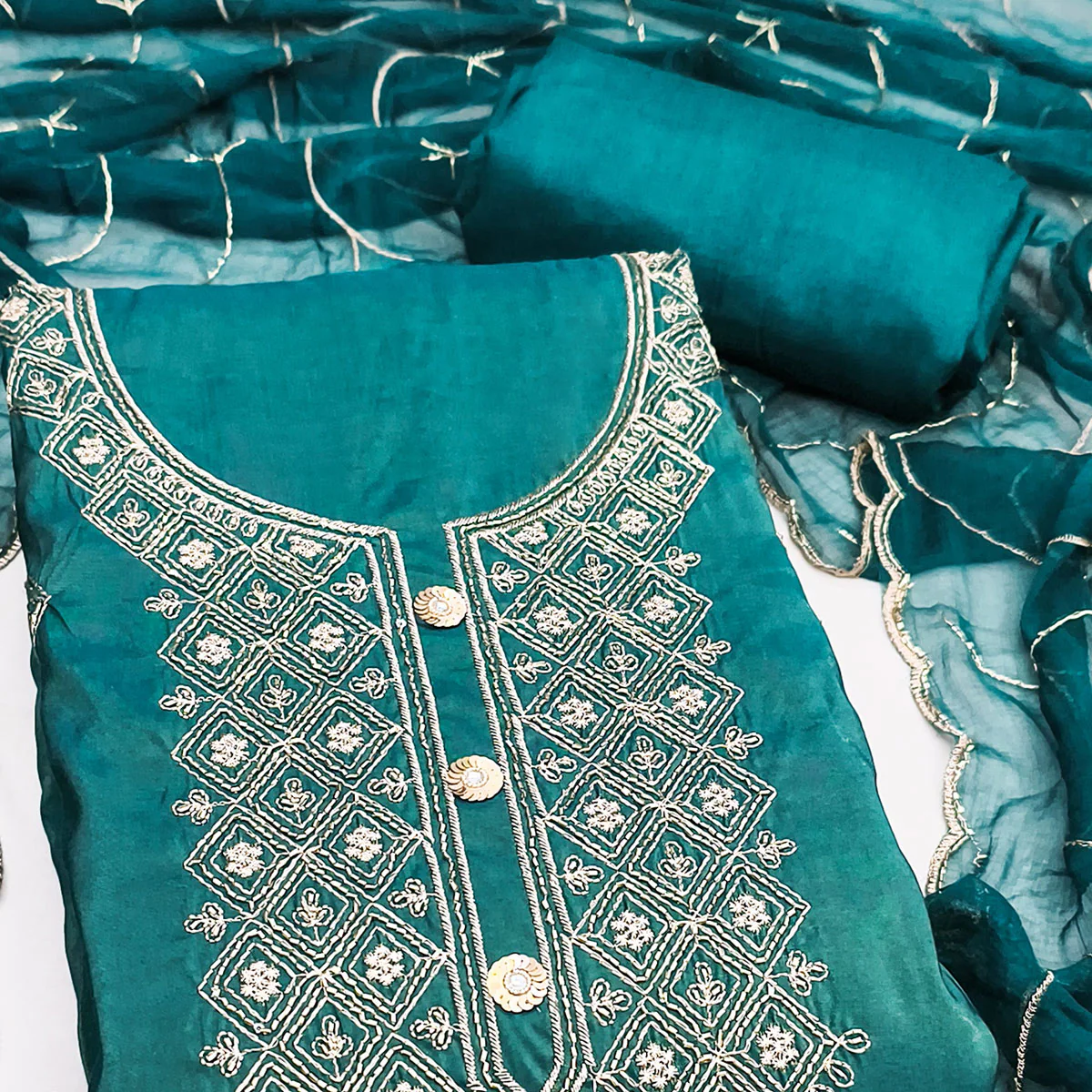 Stylish Teal Floral Embroidered Viscose Dress Material Showcasing Elegant Cutdana Handwork - Image 2