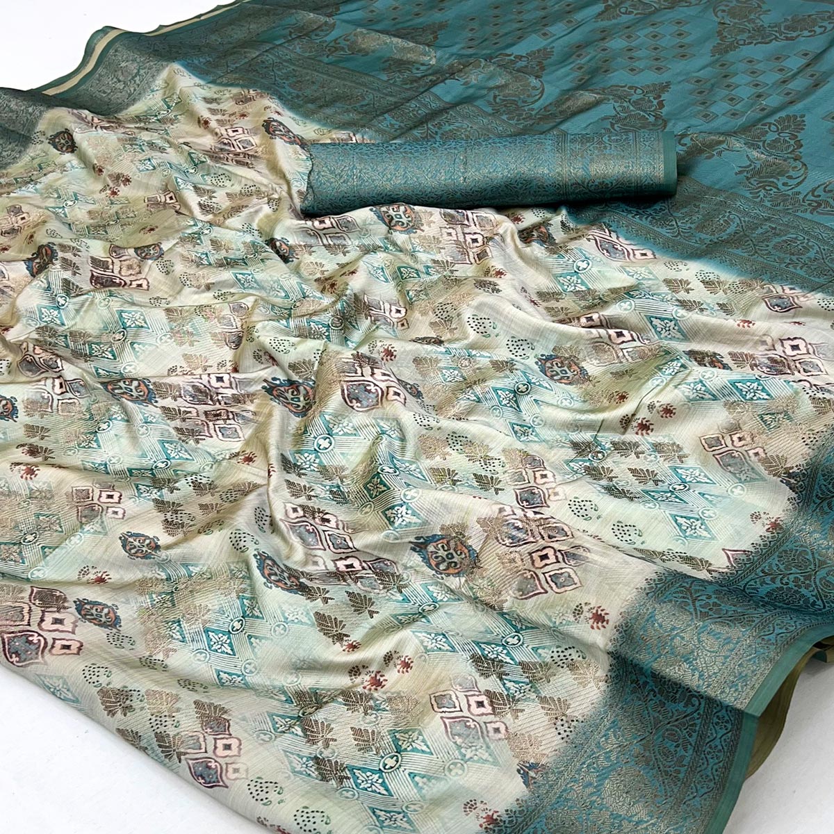 Stylish Teal Silk Blend Saree Featuring Floral Zari Weaving & Digital Print - Image 2