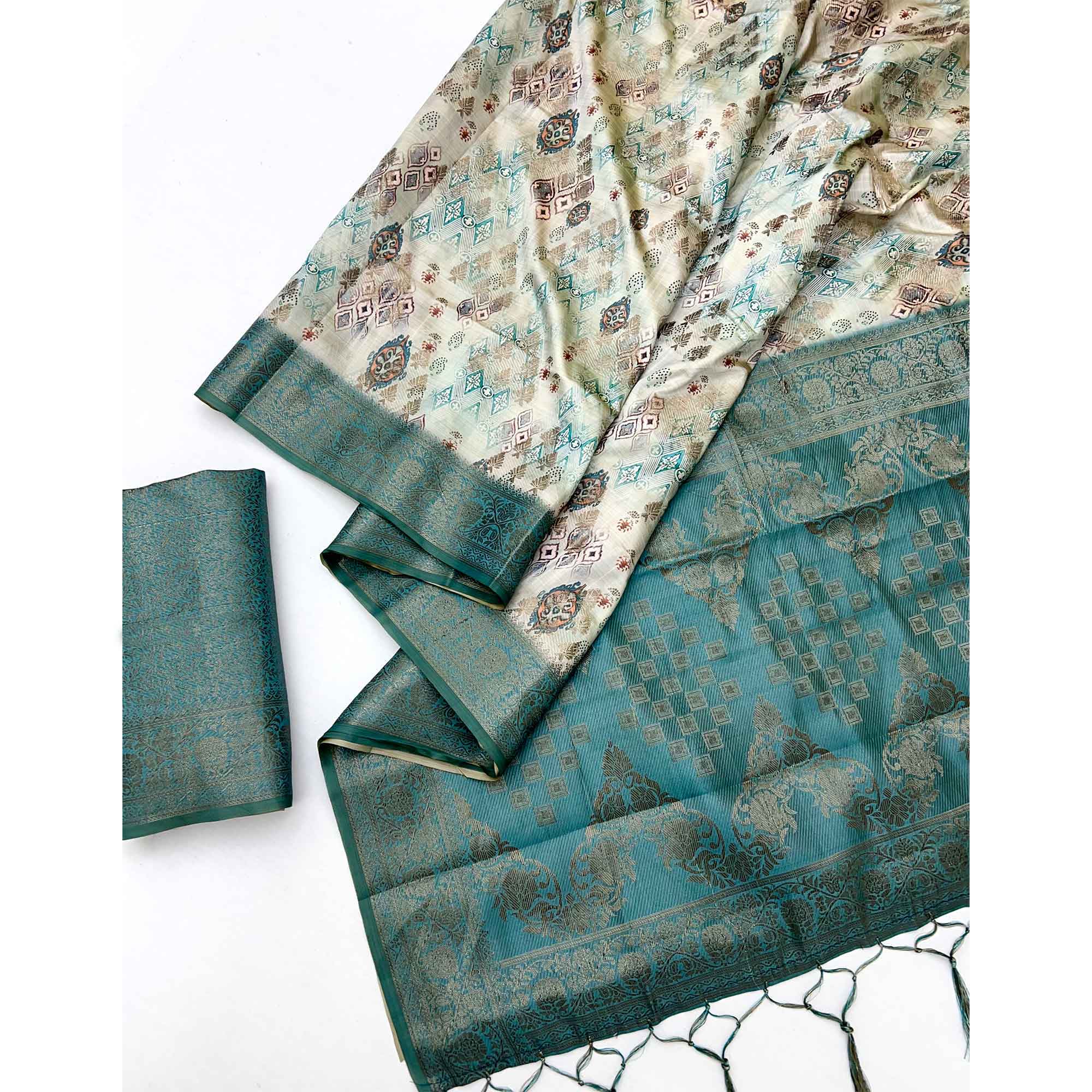 Stylish Teal Silk Blend Saree Featuring Floral Zari Weaving & Digital Print - Image 3