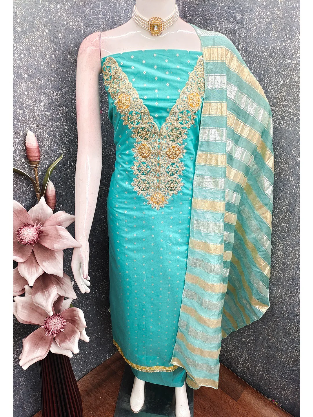Stylish Turquoise Butti Woven Chanderi Silk Dress Material With Sequins & Cording Embroidered Work - Image 3