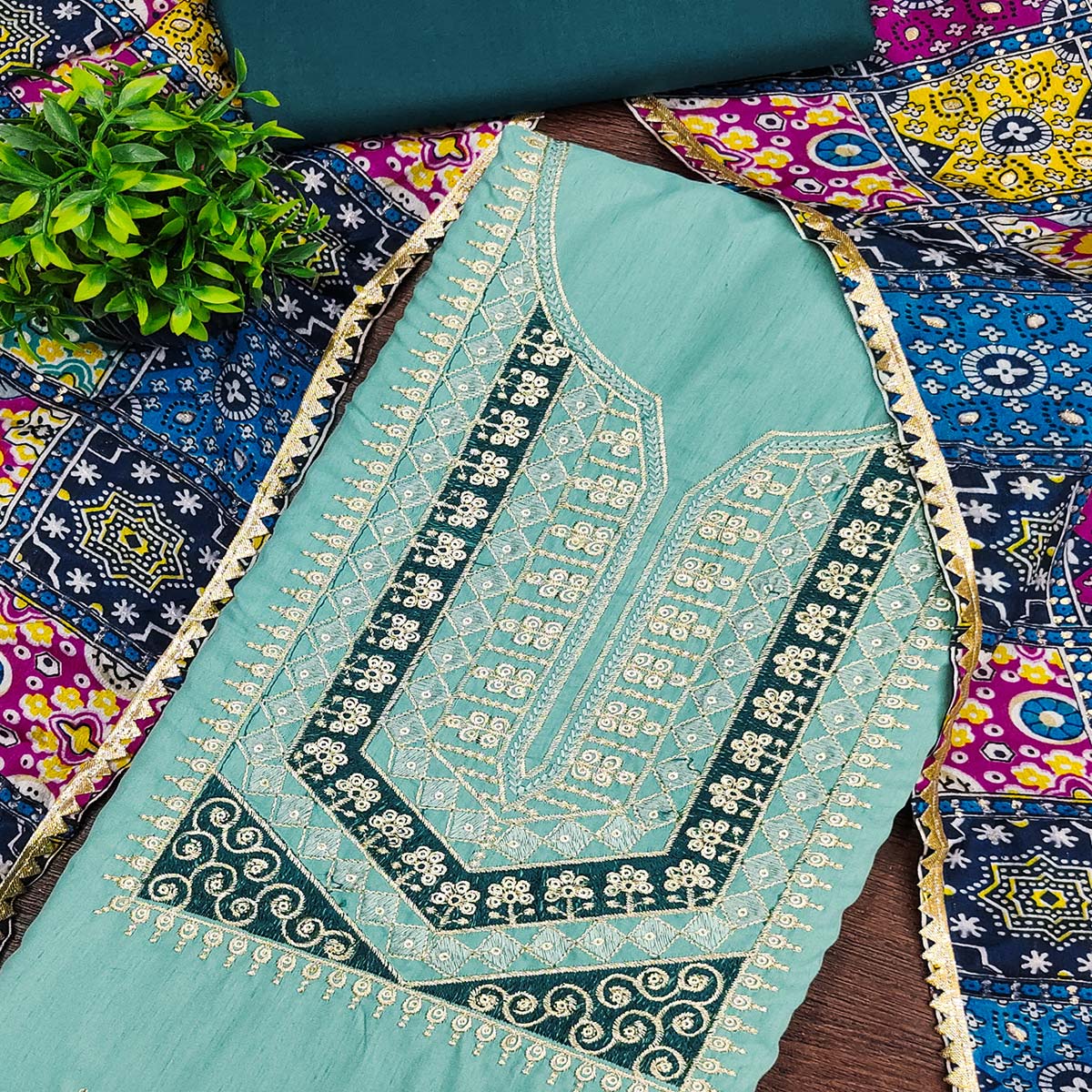 Stylish Turquoise Cotton Blend Dress Material Enriched With Floral Embroidery & Sequins Work - Image 2
