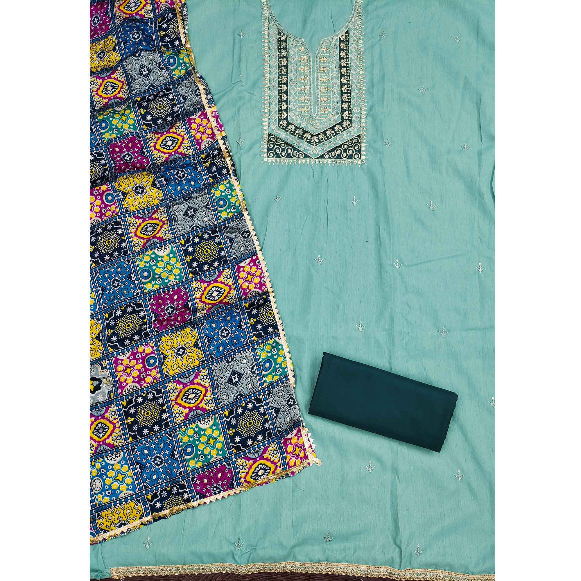 Stylish Turquoise Cotton Blend Dress Material Enriched With Floral Embroidery & Sequins Work - Image 3