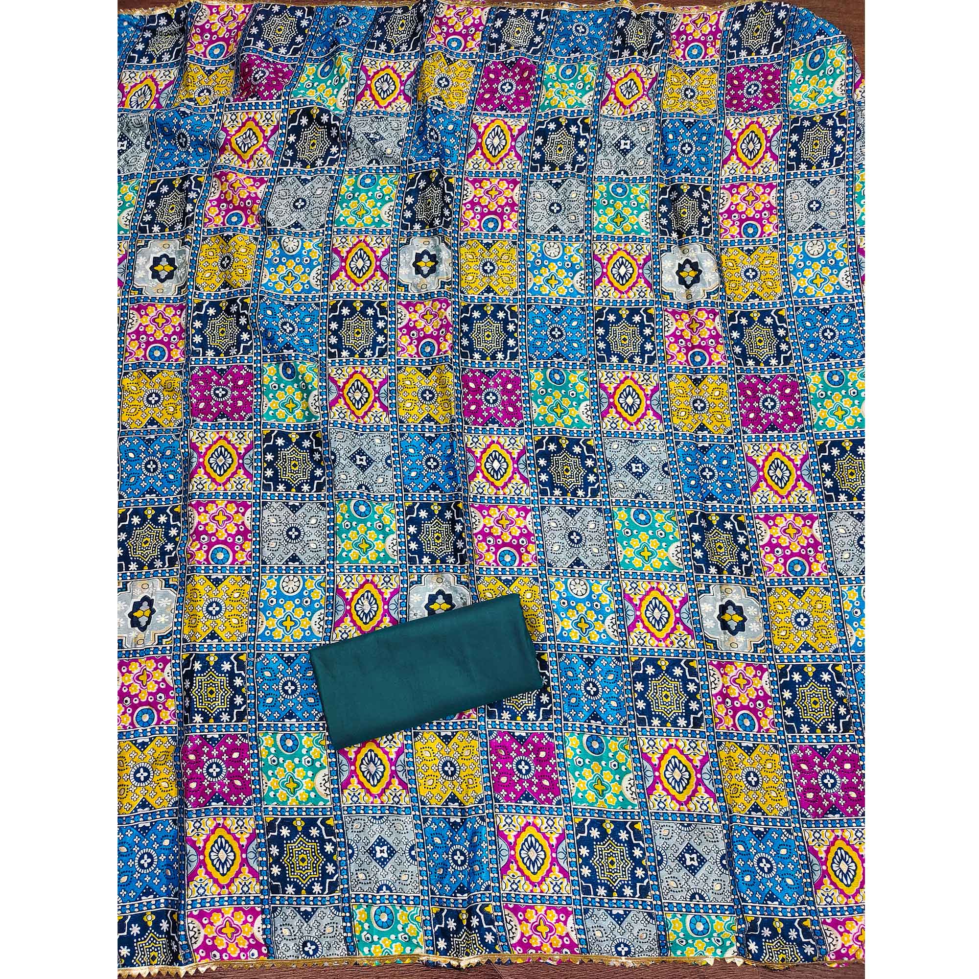 Stylish Turquoise Cotton Blend Dress Material Enriched With Floral Embroidery & Sequins Work - Image 4