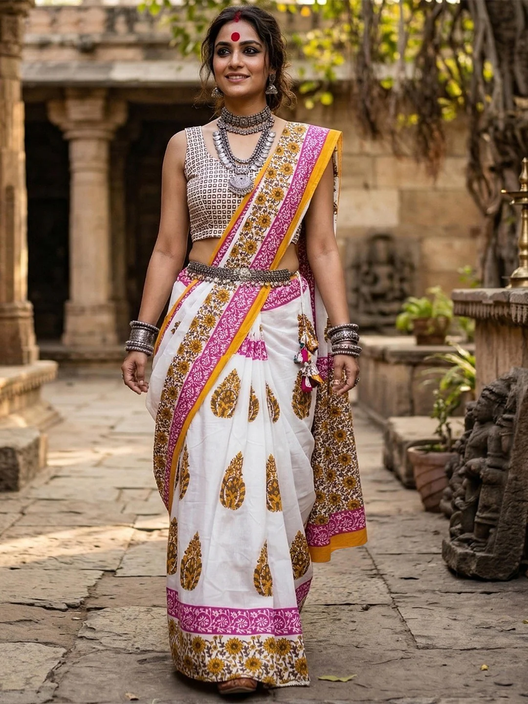 Stylish White & Mustard Floral Print Mulmul Cotton Saree With Delicate Work