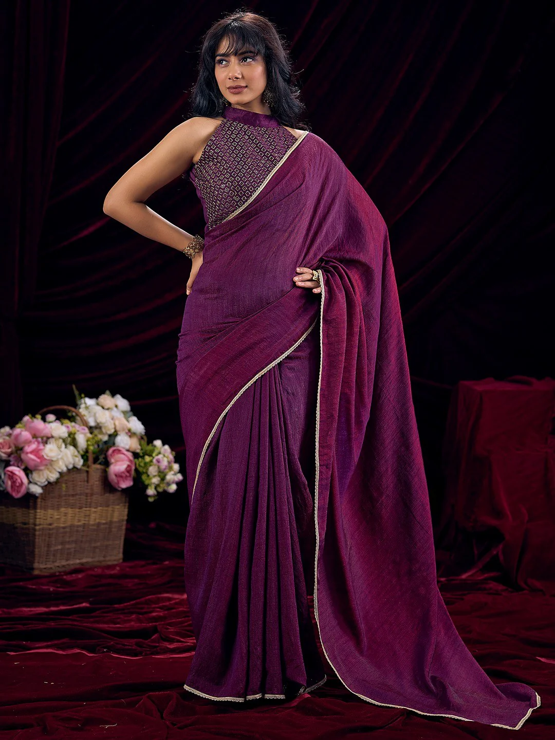 Stylish Wine Solid Art Silk Saree Featuring Lace Border With Embroidered Unstitched Blouse Piece