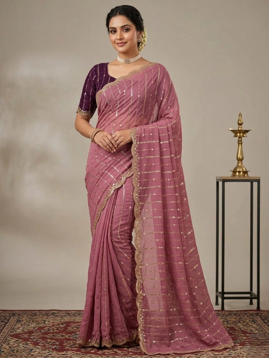Stylish Wine Stripe Pattern Georgette Saree With Shimmering Sequins Embroidery Work