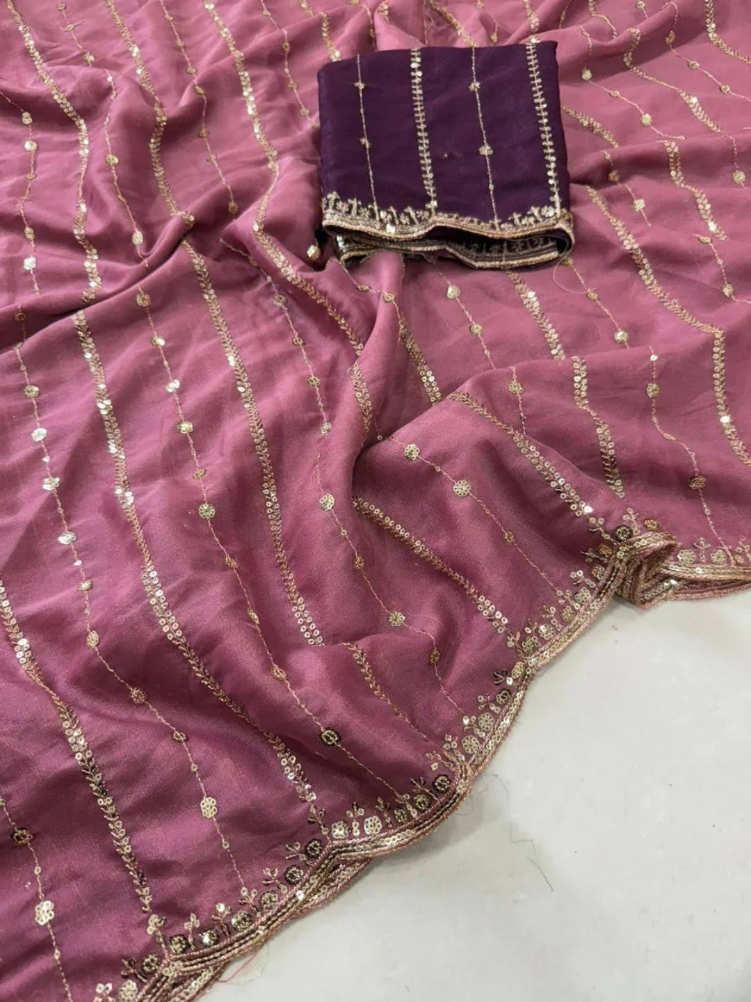 Stylish Wine Stripe Pattern Georgette Saree With Shimmering Sequins Embroidery Work - Image 3