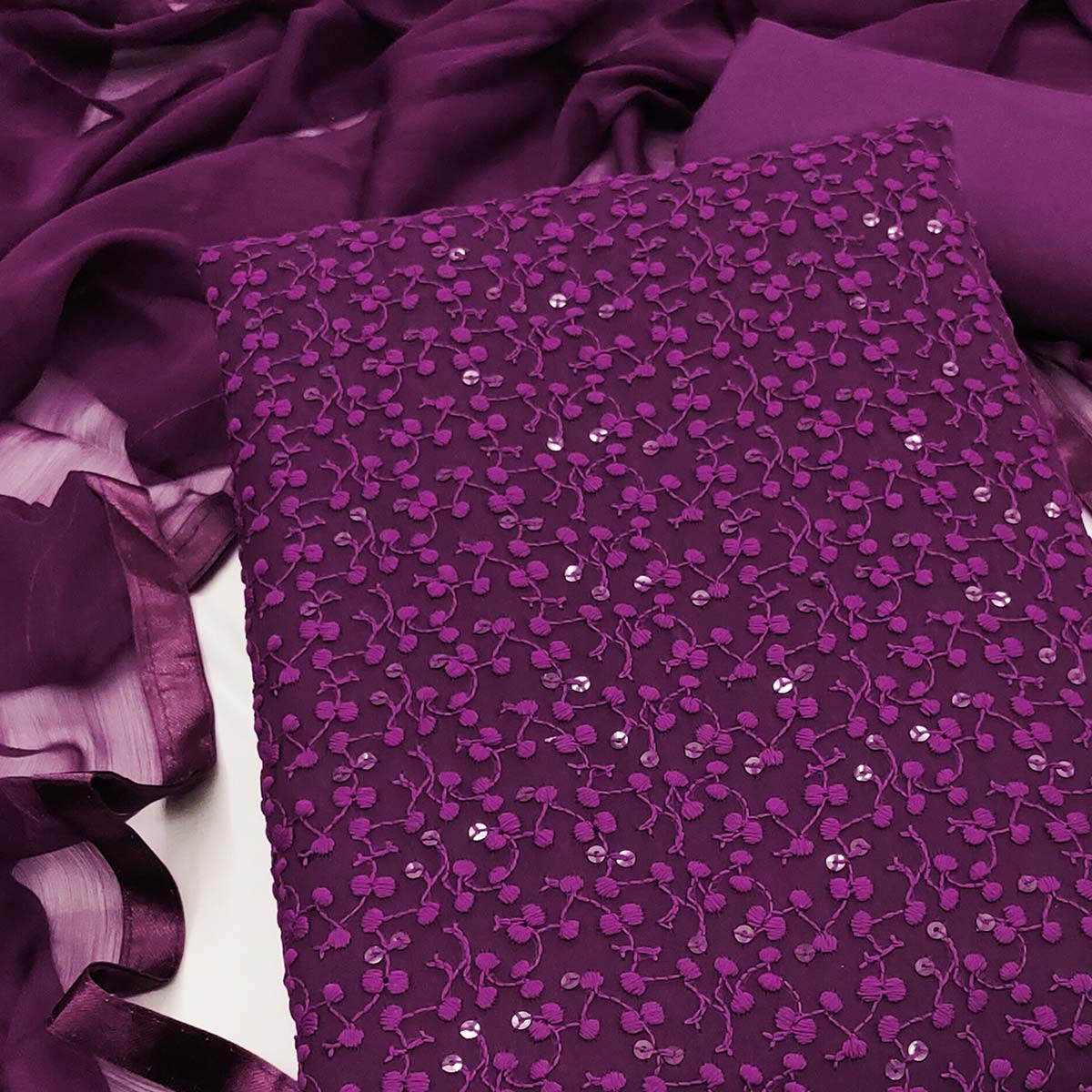 Stylish Wine Thread Embroidered With Sequins Work Georgette Dress Material For Ethnic Styling - Image 2
