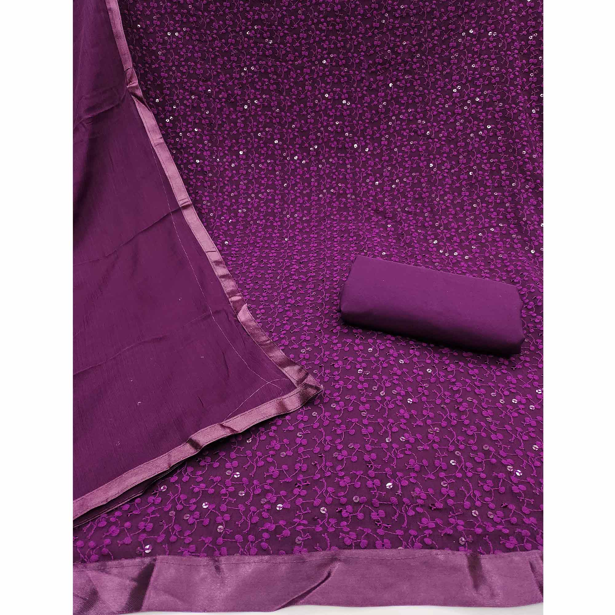 Stylish Wine Thread Embroidered With Sequins Work Georgette Dress Material For Ethnic Styling - Image 3