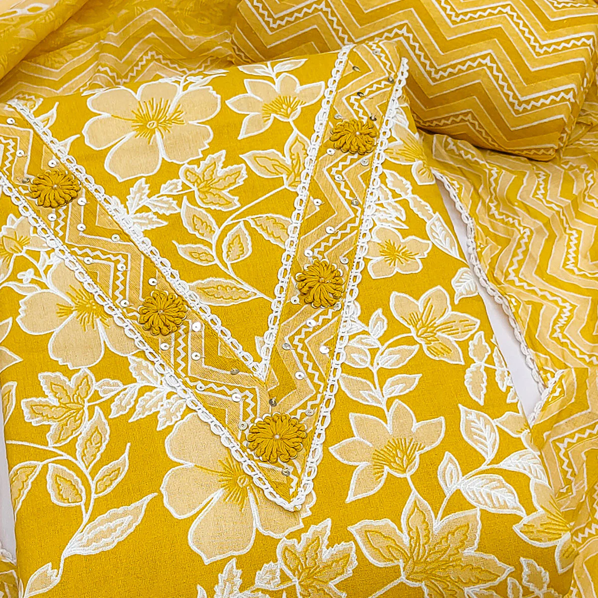 Stylish Yellow Floral Pure Cotton Dress Material Accented With Neckline Sequins Embroidery - Image 2