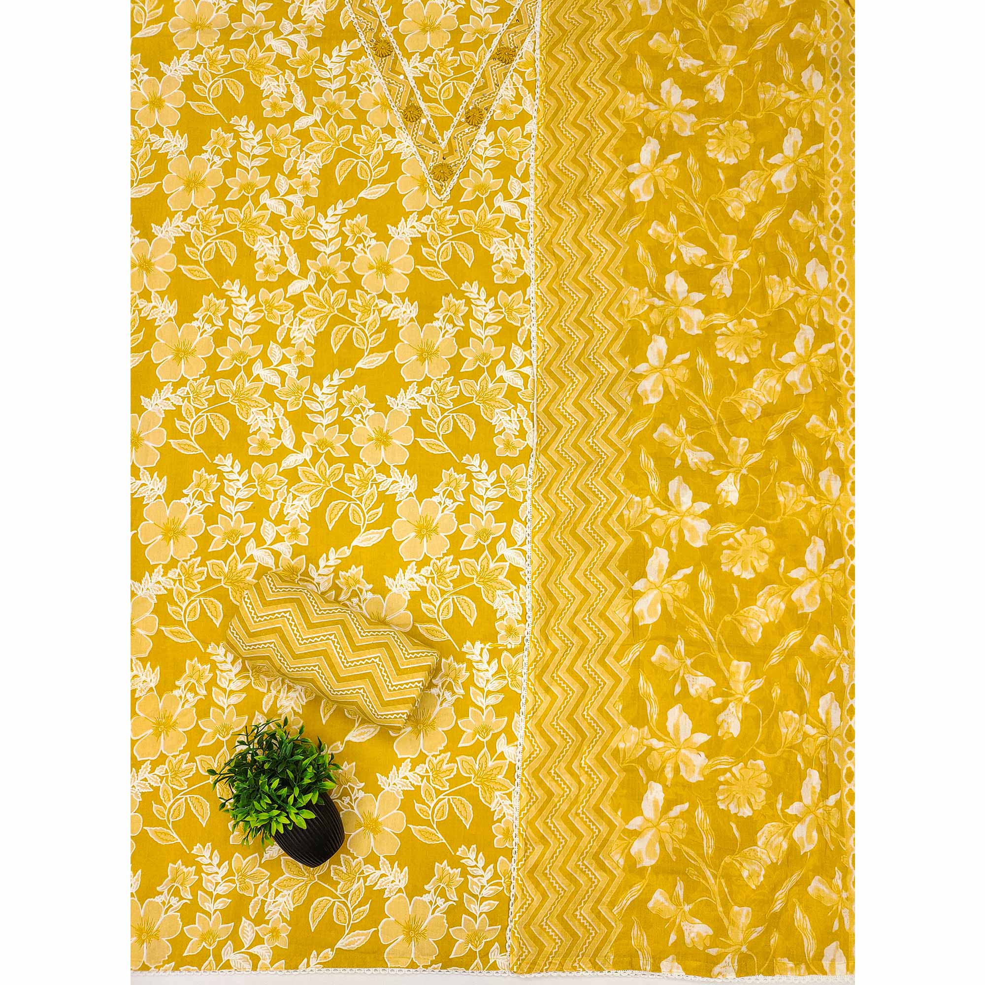 Stylish Yellow Floral Pure Cotton Dress Material Accented With Neckline Sequins Embroidery - Image 3