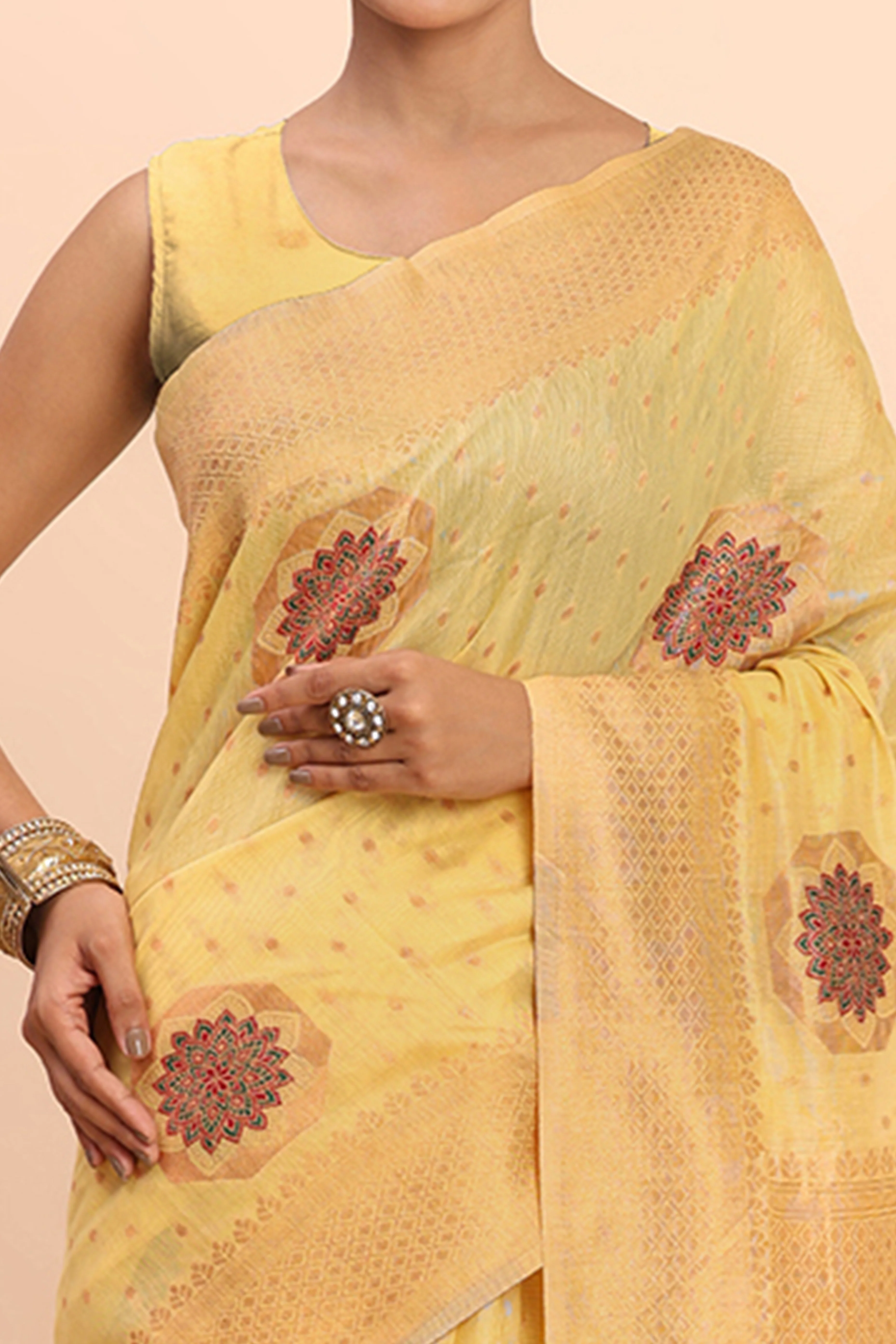 Stylish Yellow Floral Zari Weaving Linen Cotton Saree With Graceful Tassel Pallu - Image 2