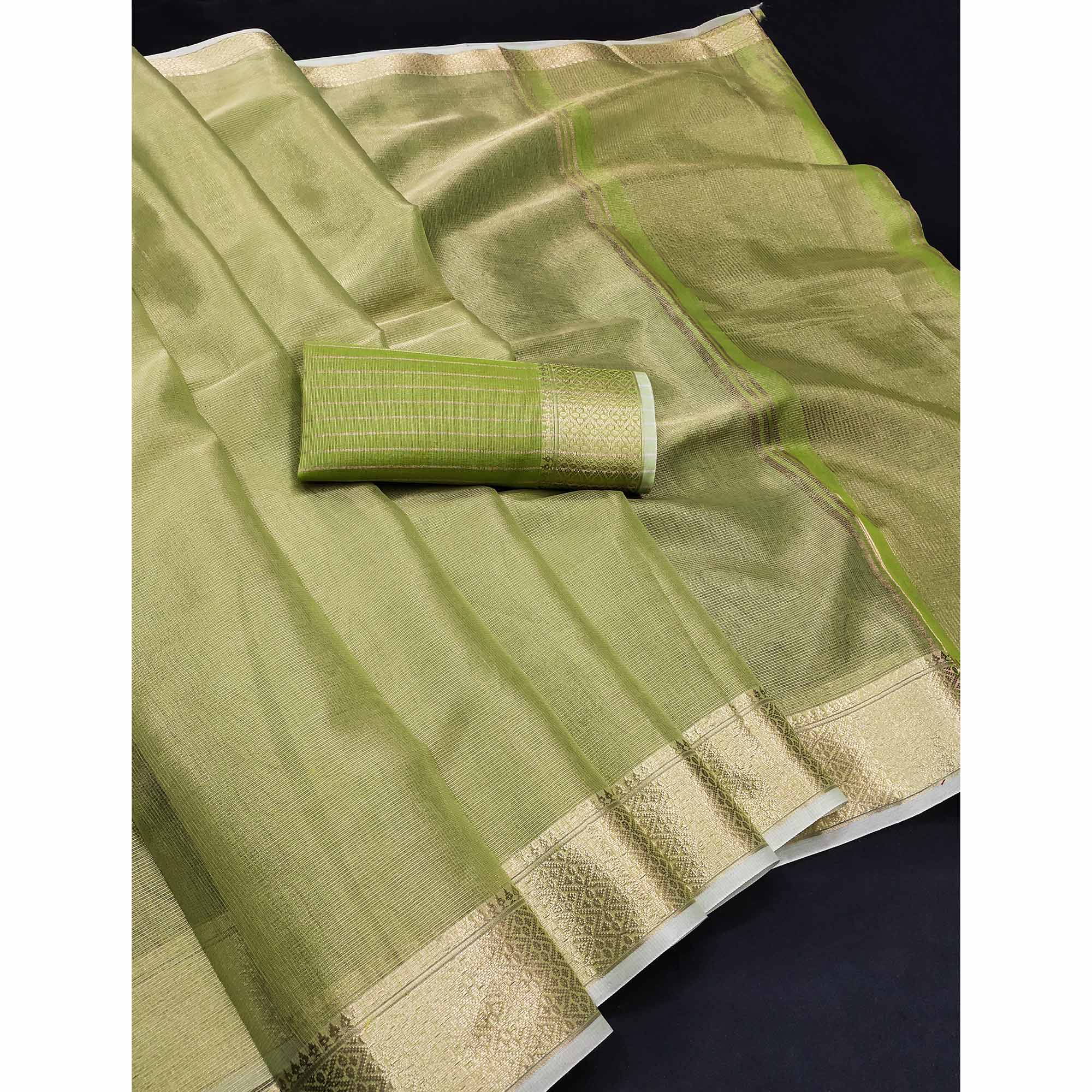 Subtle Solid Green Kota Doria Saree with Traditional Zari Weaving Edging - Image 3