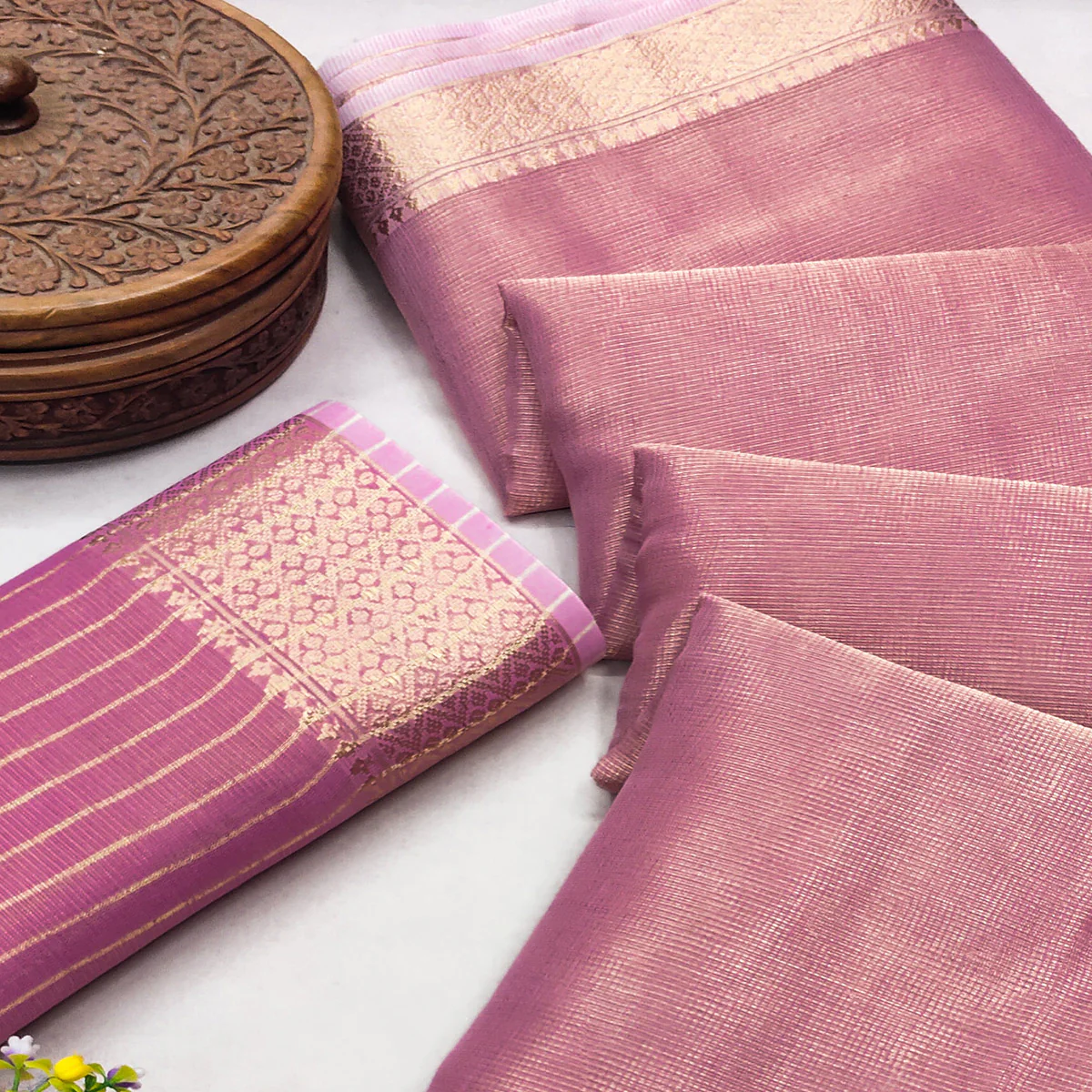 Subtle Solid Pink Kota Doria Saree with Traditional Zari Weaving Edging - Image 2